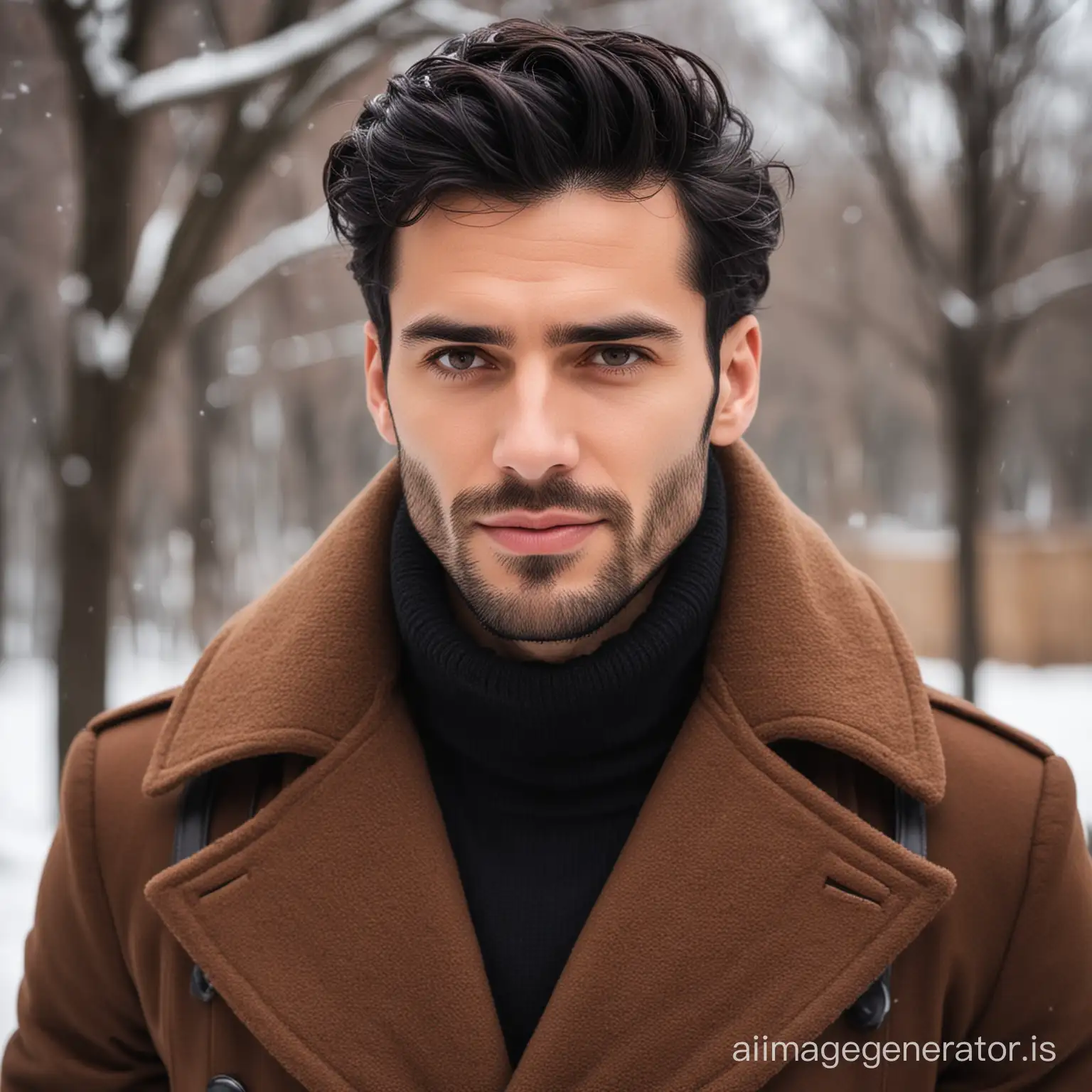 Stylish man with black gentleman hairs with brown in winter