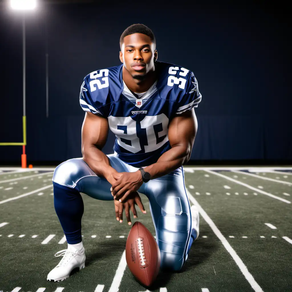 muscular , Handsome ,young black professional Dallas Cowboys football player ,professional photo shoot kneeling one knee, holding football on 50 yard line , with field goal in the background 