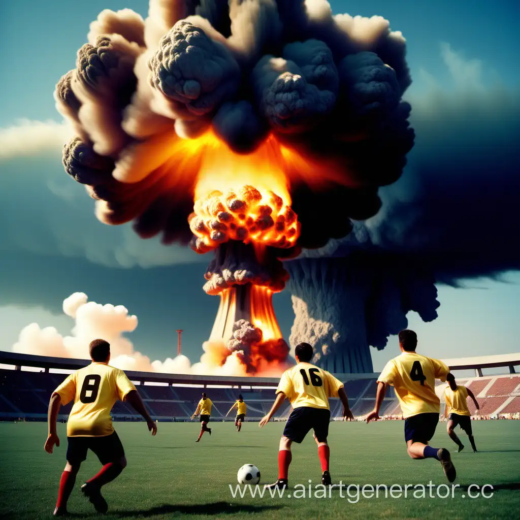 футболисты играют на фоне ядерного взрыва