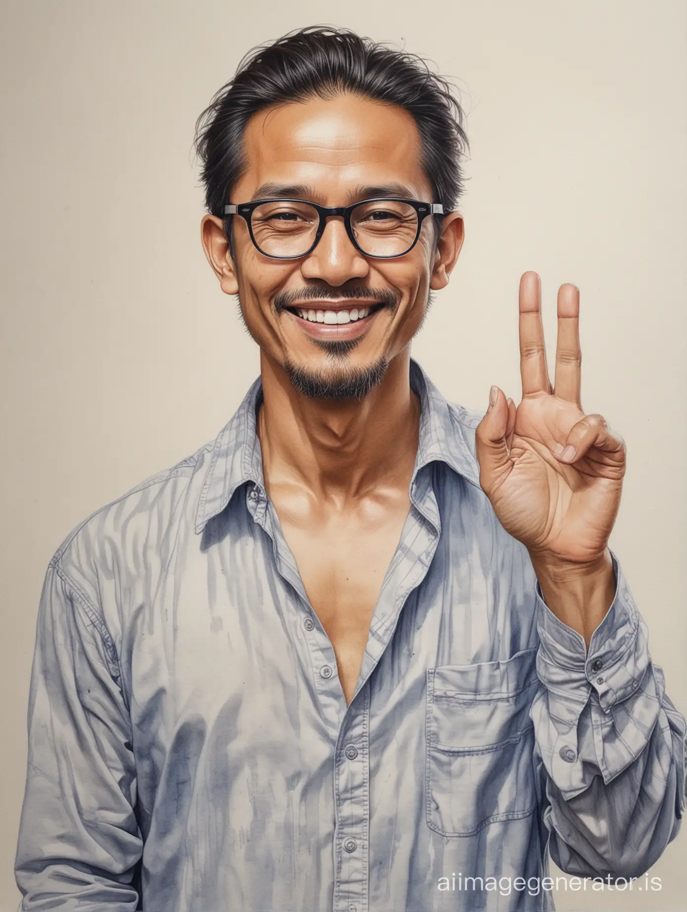 Realistic drawing, watercolor painting, rough line sketch, produces an Indonesian man, 50 years old, thin face, clean face, long hair tied back, wearing bold frame wayfarer glasses,wearing an unbuttoned t-shirt and flannel shirt, standing on the right side smiling, making the namaste hand gesture at  front of his chest.  To the left of the man there is typography that says "EID MUBARAK" which is clearly legible, Ramadan design background, detailed image, detailed visuals, looks real, HD
