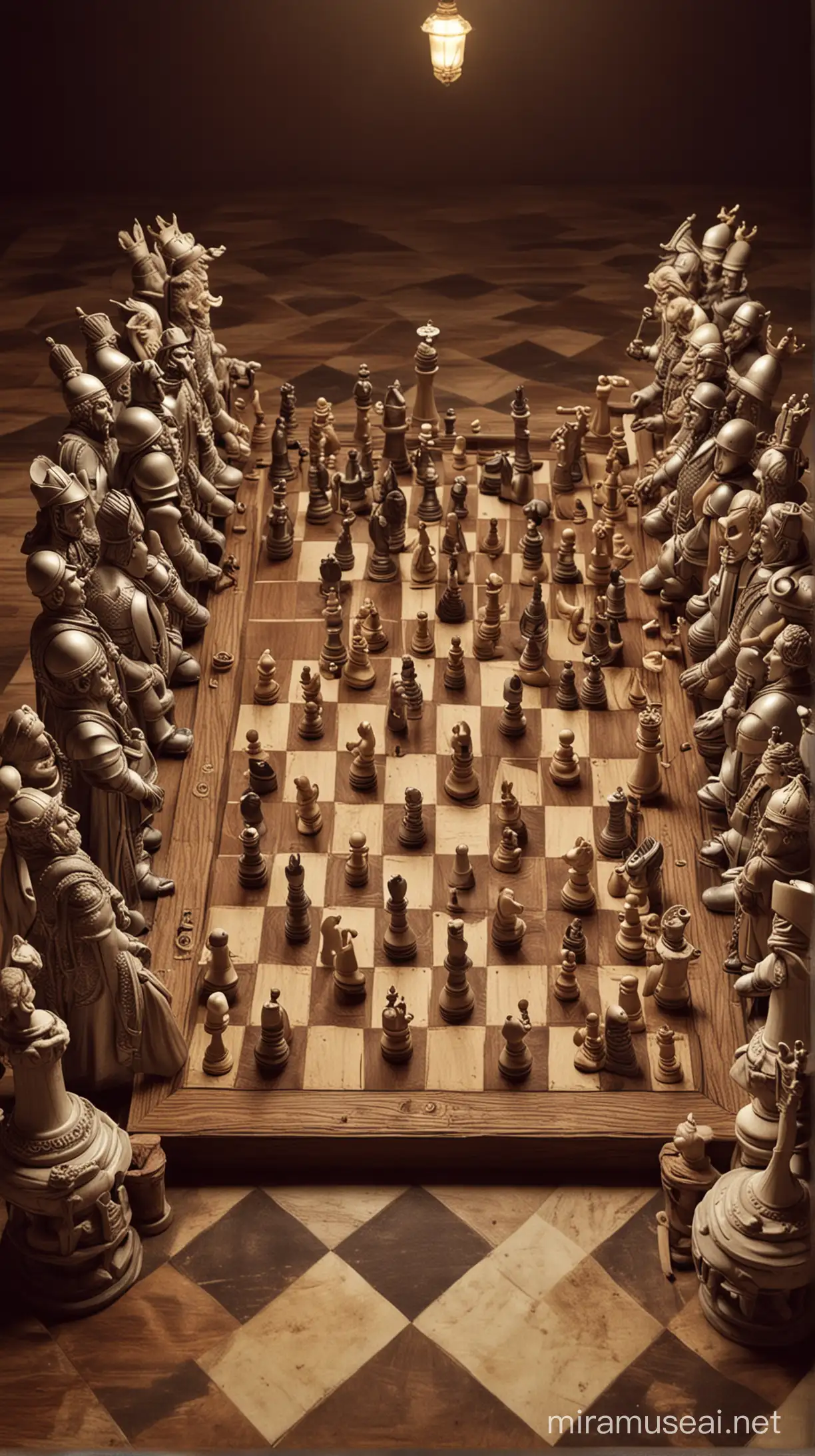 In a 9x16 image, depict a scene where various chess pieces engage in a hilariously animated conversation. Let the humor flow freely as the characters, each representing their respective roles on the chessboard, engage in witty banter, puns, and unexpected interactions. Whether it's the pawns gossiping, the knights trading jokes, the bishops engaging in a philosophical debate, or the kings and queens discussing the latest royal scandal, let the comedic possibilities of these regal characters shine. Be creative with their expressions, body language, and surroundings to convey the jovial atmosphere of this chess comedy club