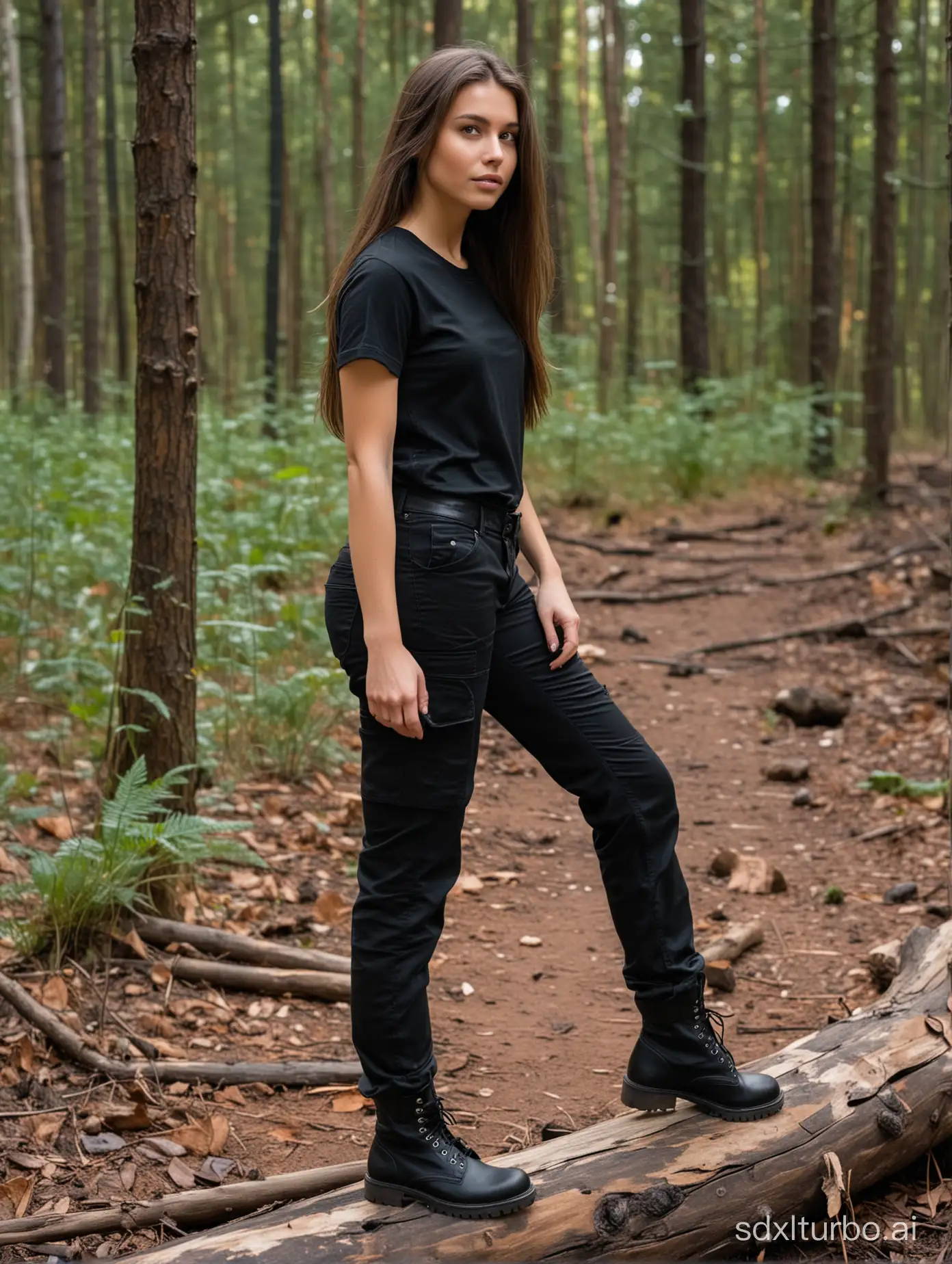 from side, Super delicate photograph, tall brunette polish girl, full body, (black tight cargo pants without pockets), the pants have a slight silky texture, (plain black t-shirt), long straight hair, walking, confident, elegant, slutty, safety boots, sitting on a log in the forest