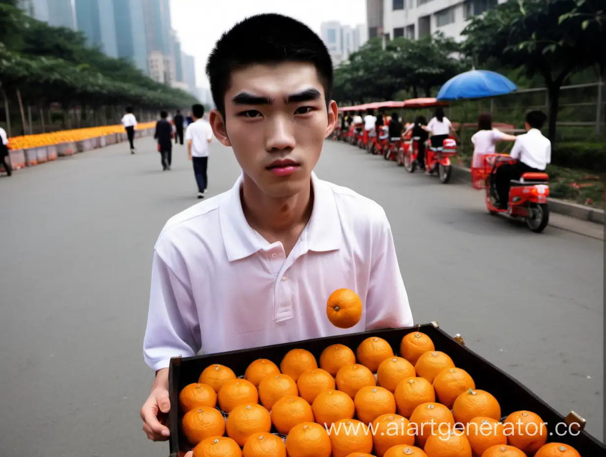 一个眉毛很粗的中国男初中生在卖橘子