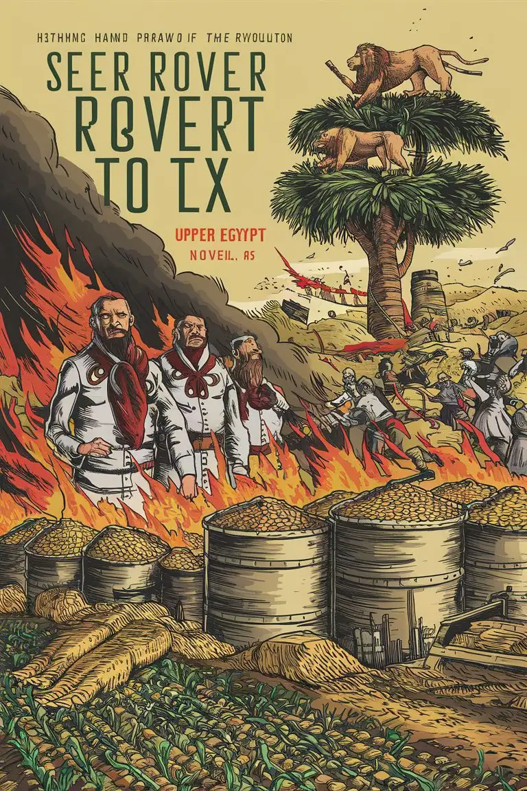 HandDrawn Novel Cover Upper Egyptian Men Fire Crops and Revolution Symbolism