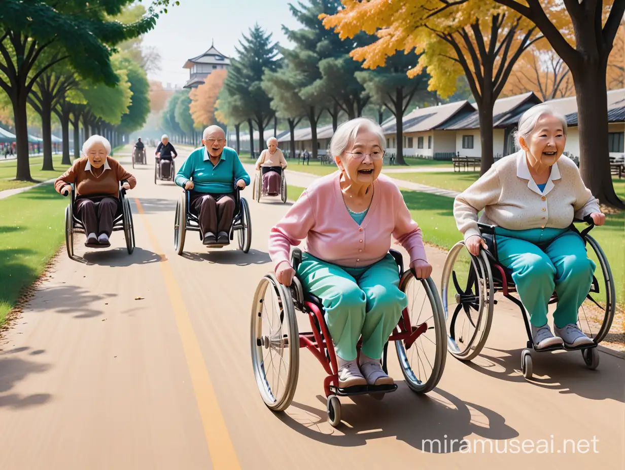 wheelchairs race in the park of the retirement home, whit-out line dirt path, with fierce competition, erratic placement several competitors, where a grandpa is being overtaken by a grandma. funny. movement feeling, 2.5D moderne animate and corruption errors --c 30 --s 250 --niji 6ampunk style and corruption errors --c 30 --s 250 --niji 6