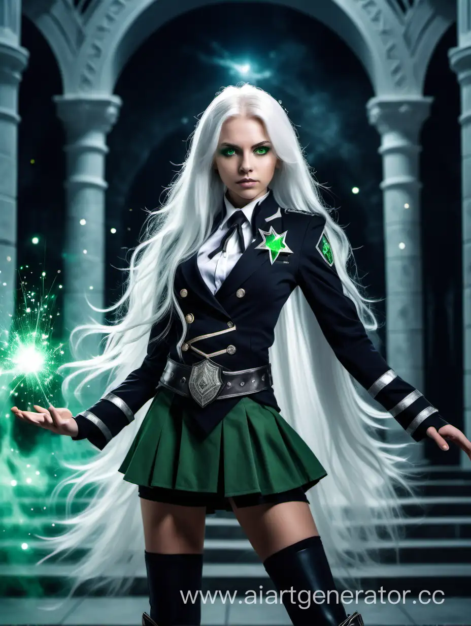 A magician with ashen hair and green eyes, a girl with an athletic build, in the combat uniform of the Academy of Magic, stands against the background of the Academy of Magic, long white hair sparkles from black magic
