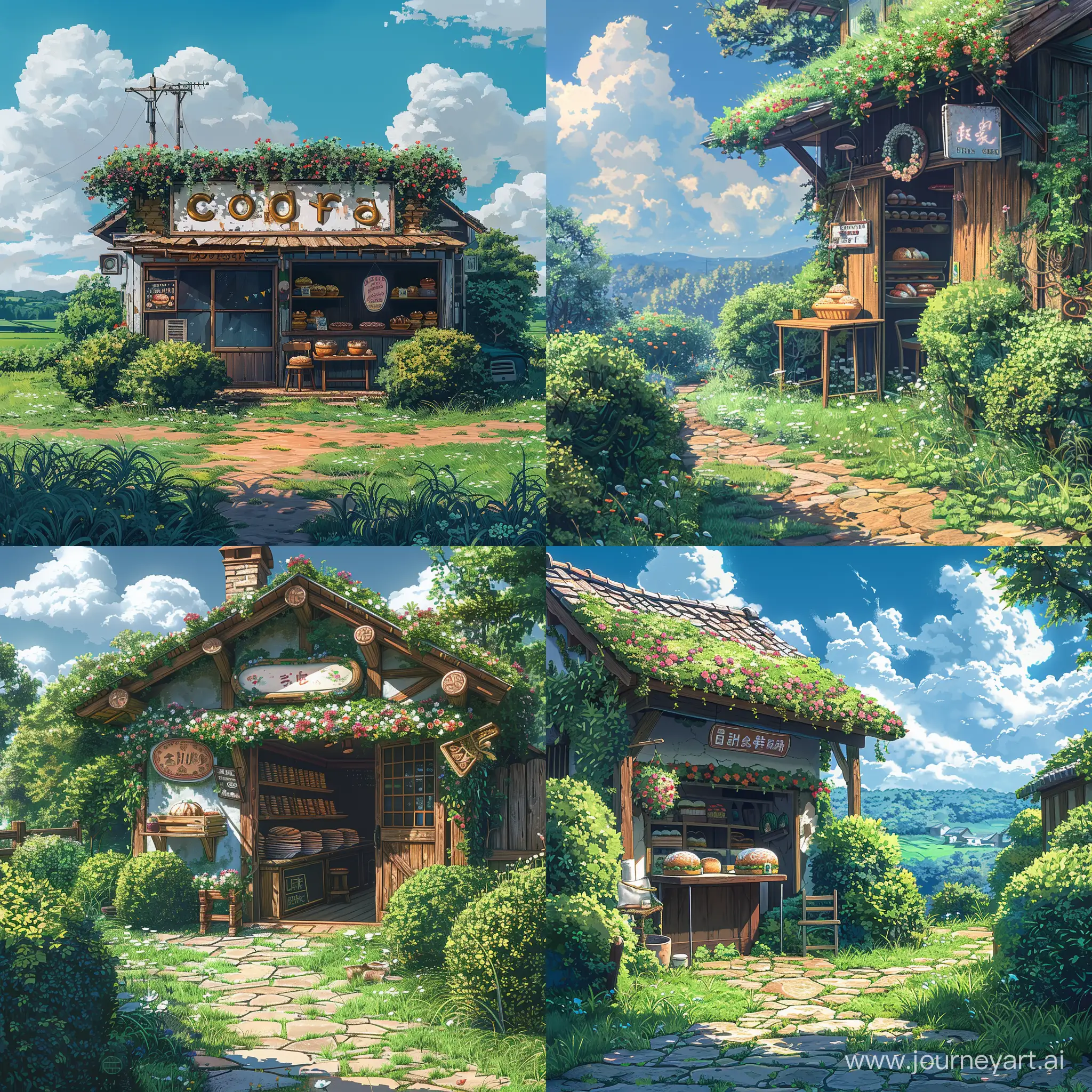Beautiful anime scenary, Ghibli style, "old bakery shop", grass, "flower decoration roof ", " hanging signboard", countryside walk way, beautiful view, illustration, day time, bushes around bakery, "table chair " , morning time, Ultra hd, sharp details, high quality, no hyperrealistic -- ar 27:32 --s 400