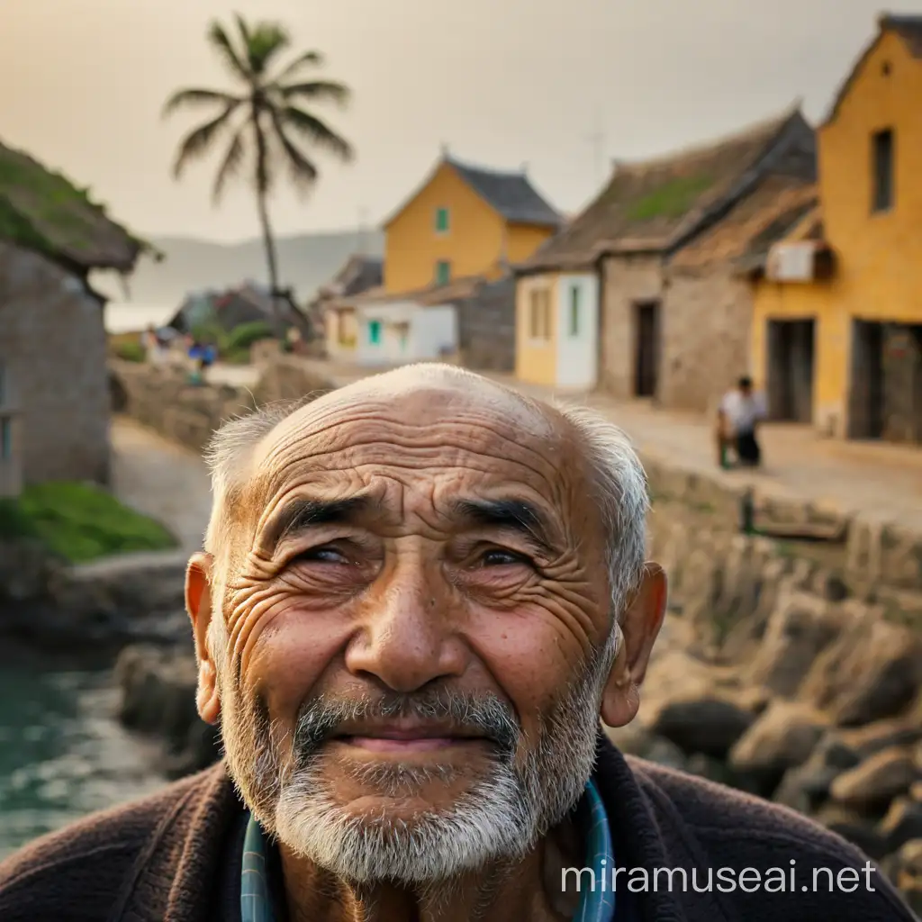 Elderly Fisherman Gazing at Ocean Horizon in Coastal Village