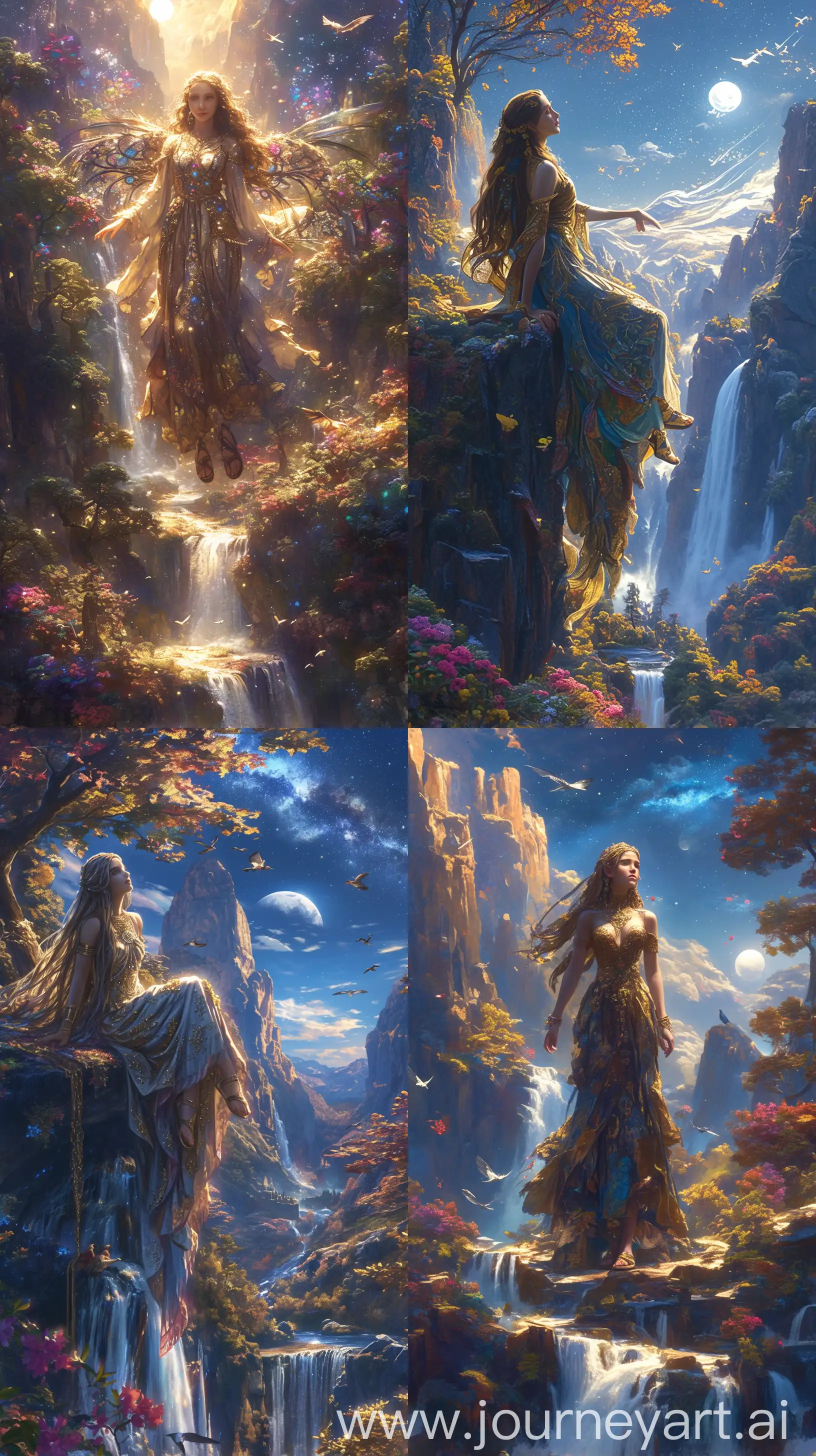 The girl::2 comes on waterfall flowing from the autumn mountains, a beautiful girl, nice face, gold dress jewelry and sandals, canyon and tall trees, flowers and birds around, moonlight and milky way sky, high detail, high realism, matte painting alphonse mucha boris vallejo Ivan shishkin --niji 6 --ar 9:16 --s 500