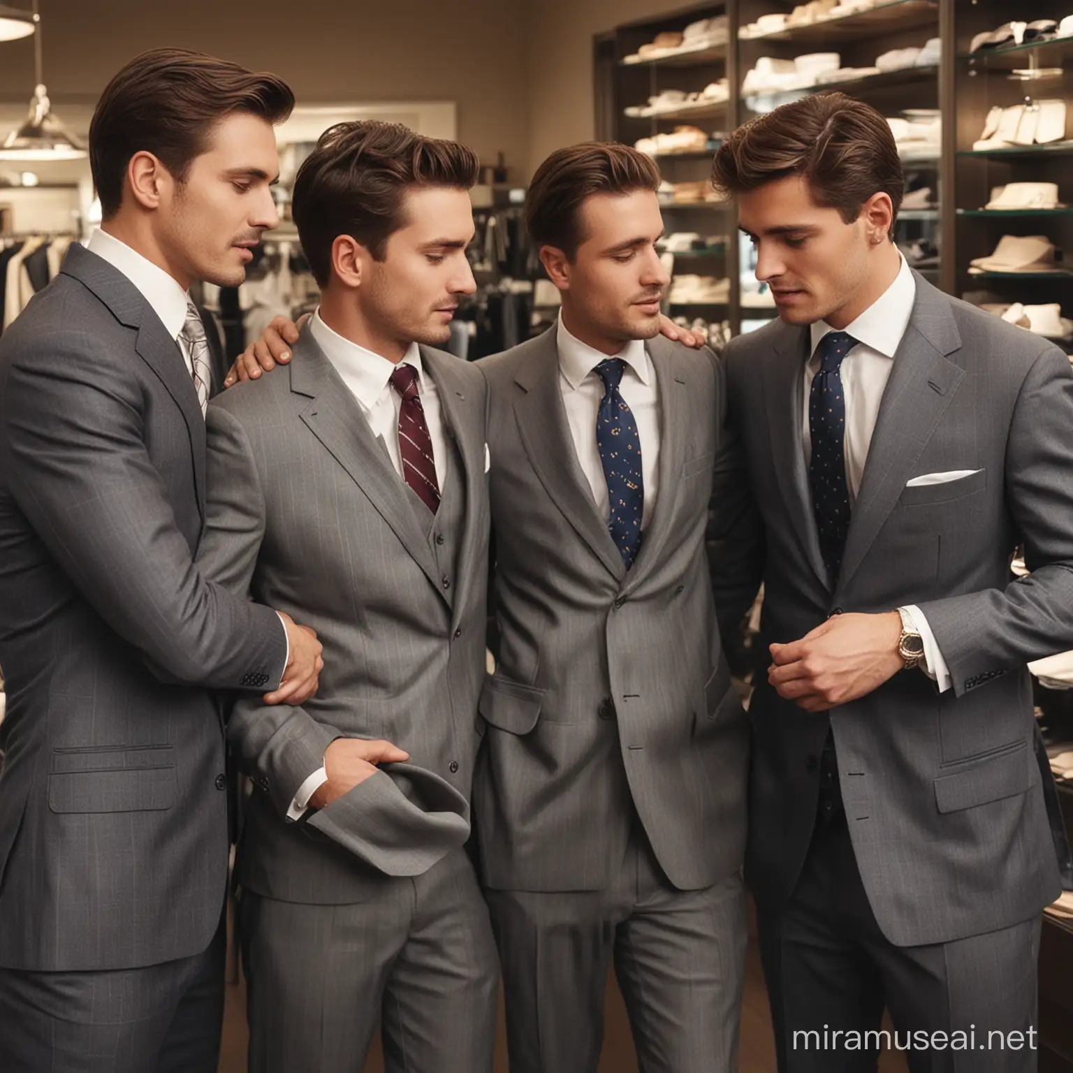 four men trying a new executive suit and tie, in pain, flirting, in a menswear store, Brooks Brothers
