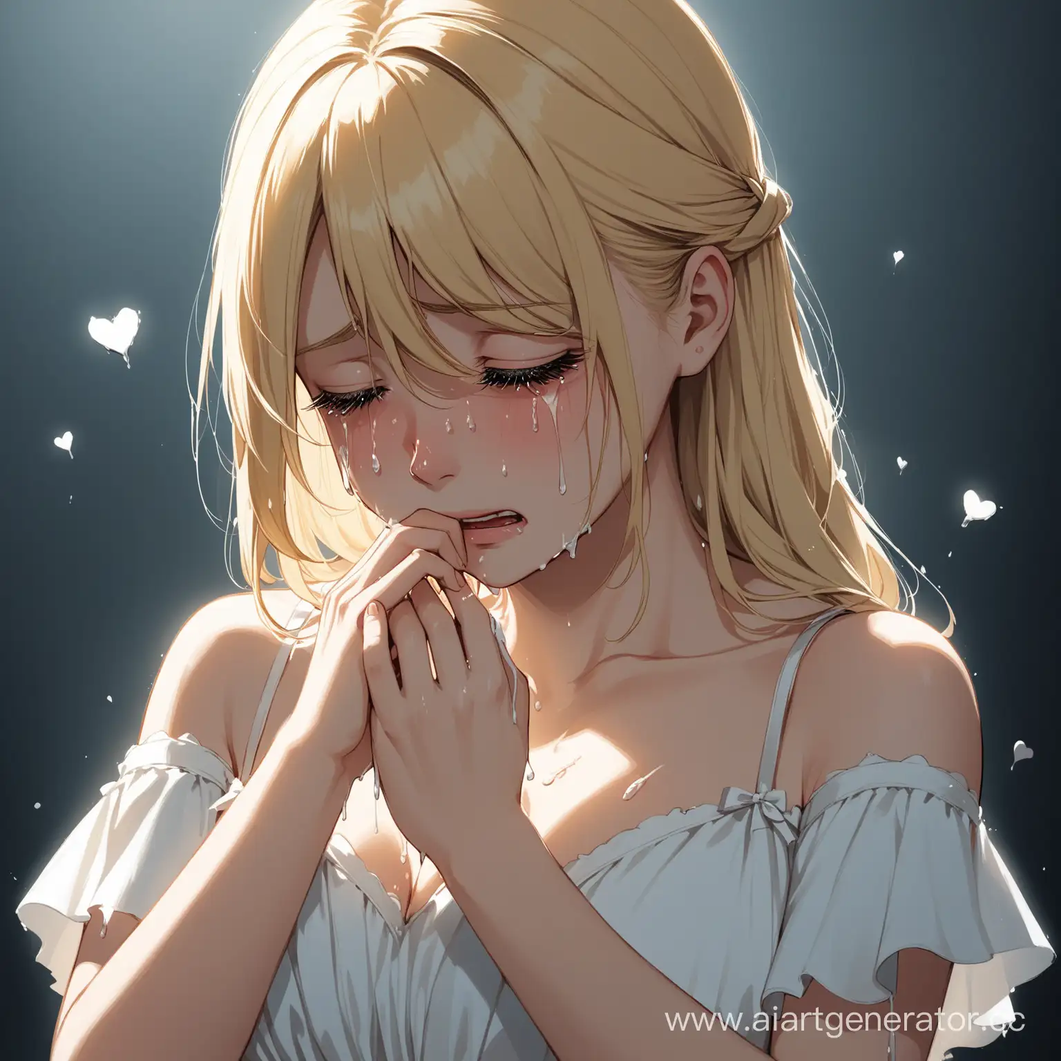 Sad-Blonde-Girl-in-White-Dress-Holding-Broken-Heart