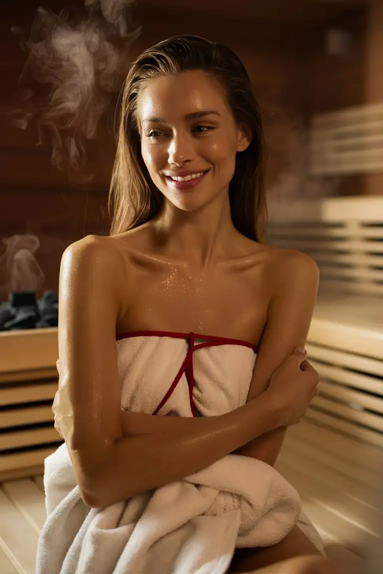beautiful cute skinny 29-year-old French woman with long hair and super sweaty and hot,wearing a red string and a white towel. She is sitting in a steam sauna, shy smile