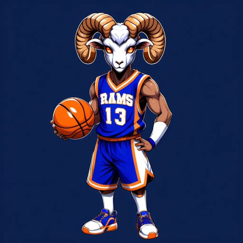 Anime Fantasy Young Ram Rams Playing Basketball in Royal Blue and Orange Uniform