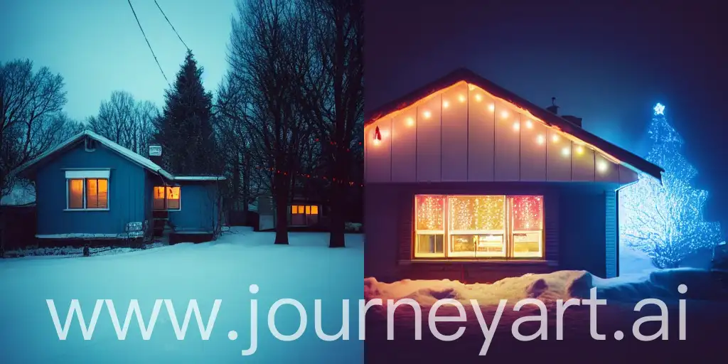 large format camera, portra 800 film, blue hour, house with indoor lights on, bungalow built in the 1950's, picture in current period, christmas decorations, houses around with indoor lights on, a bit foggy, inspired by todd hido —testp