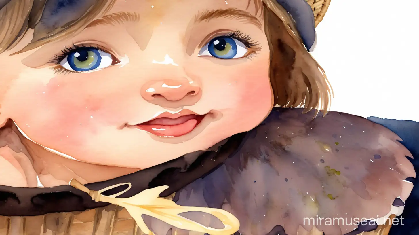 A watercolour fairytale picture of a darkblond blueeyed 1 yr old baby girl in a basket outside a fairy house. A bluetit