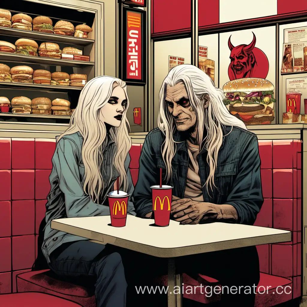 парень с длинными белыми волосами сидит с Дьяволицей в макдональдсе, где работает Моршу