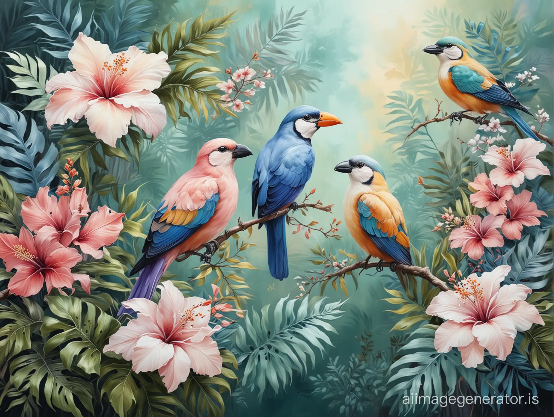Elegant pastel background, acrylic painting style, realistic, elegant flowers and birds, tropical leaves, detailed painting, deep color, natural