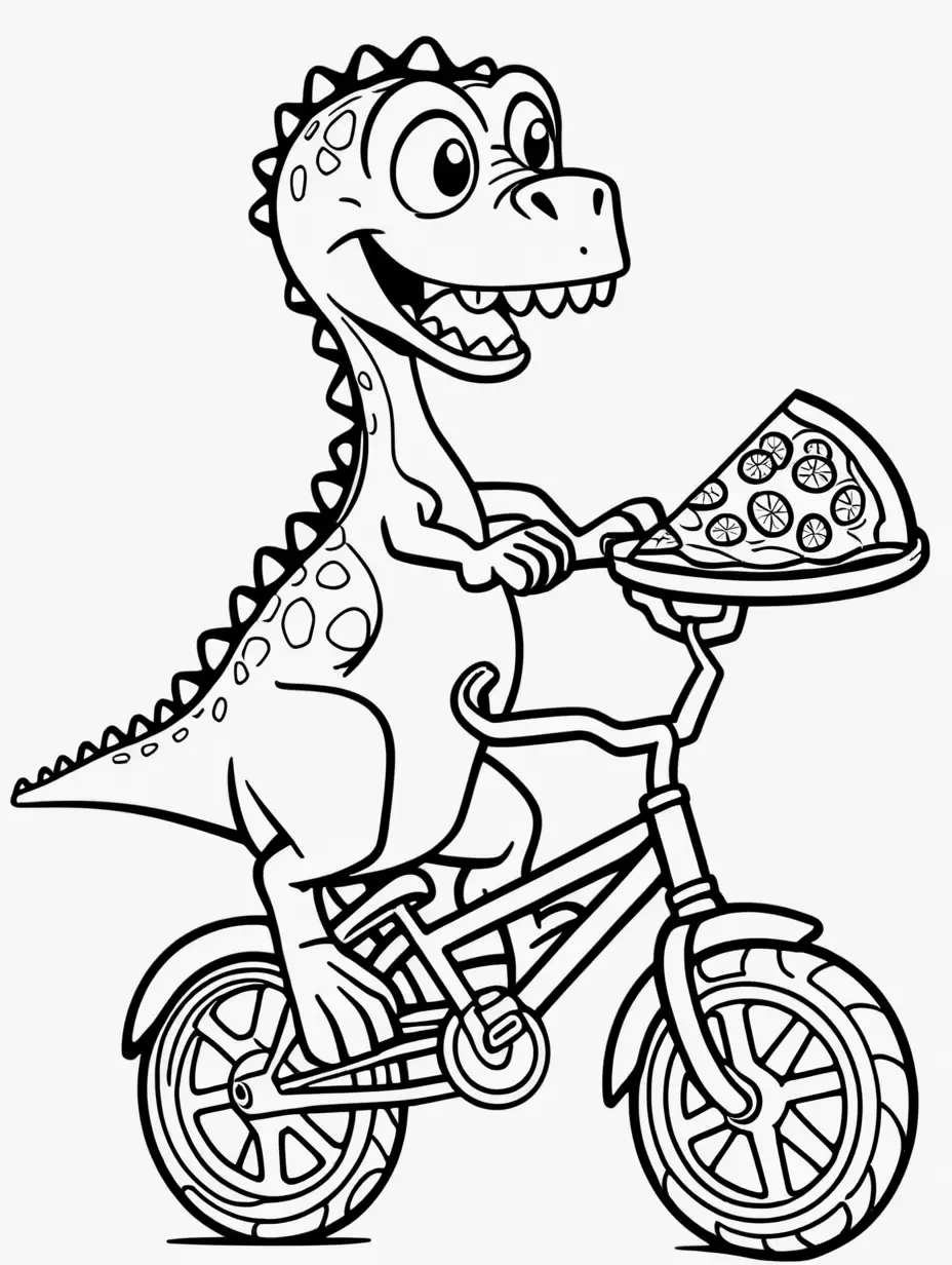 A cute dinosaur, riding a bike, eating pizza, kids coloring page, no shading