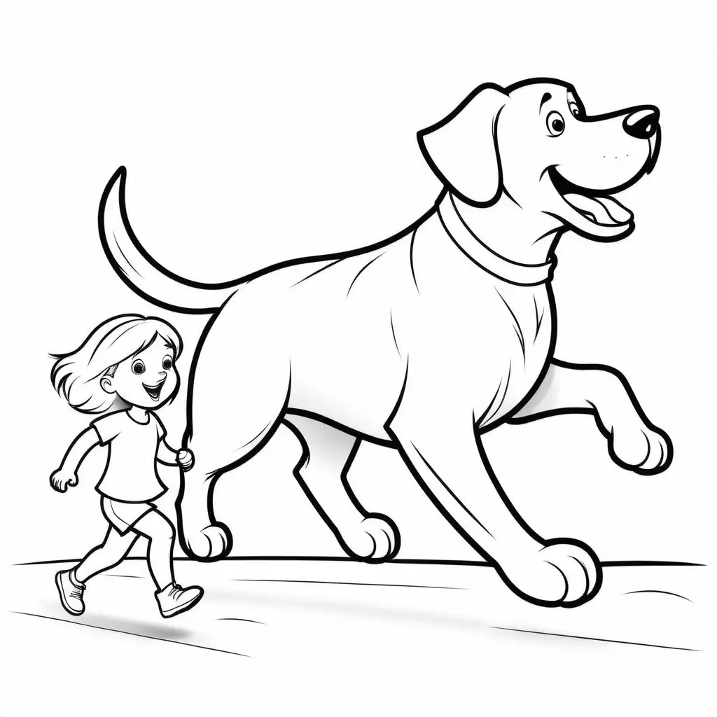Little girl chasing a big dog, Coloring Page, black and white, line art, white background, Simplicity, Ample White Space. The background of the coloring page is plain white to make it easy for young children to color within the lines. The outlines of all the subjects are easy to distinguish, making it simple for kids to color without too much difficulty