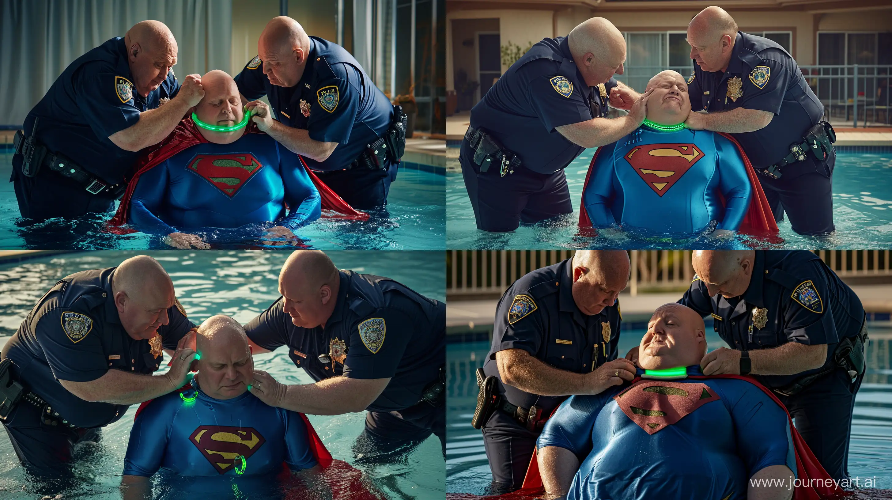 A closeup photo of two chubby man aged 60 wearing silky navy police uniform, bending behind and tightening a green glowing small short dog collar on the nape of another chubby man aged 60 sitting in the water and wearing a tight blue silky superman costume with a large red cape. Swimming Pool. Natural Light. Bald. Clean Shaven. --style raw --ar 16:9 --v 6