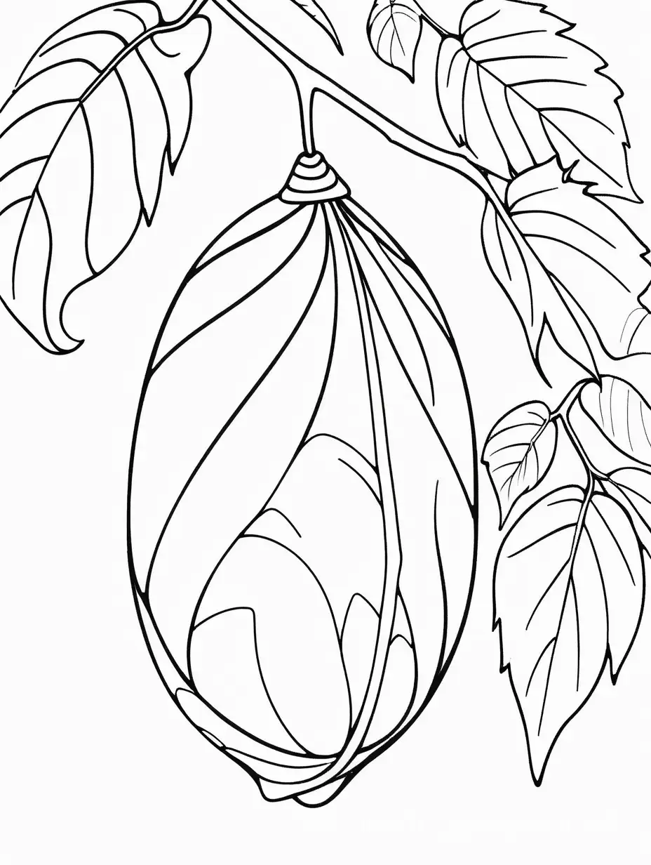a cocoon hanging under a leaf, Coloring Page, black and white, line art, white background, Simplicity, Ample White Space. The background of the coloring page is plain white to make it easy for young children to color within the lines. The outlines of all the subjects are easy to distinguish, making it simple for kids to color without too much difficulty