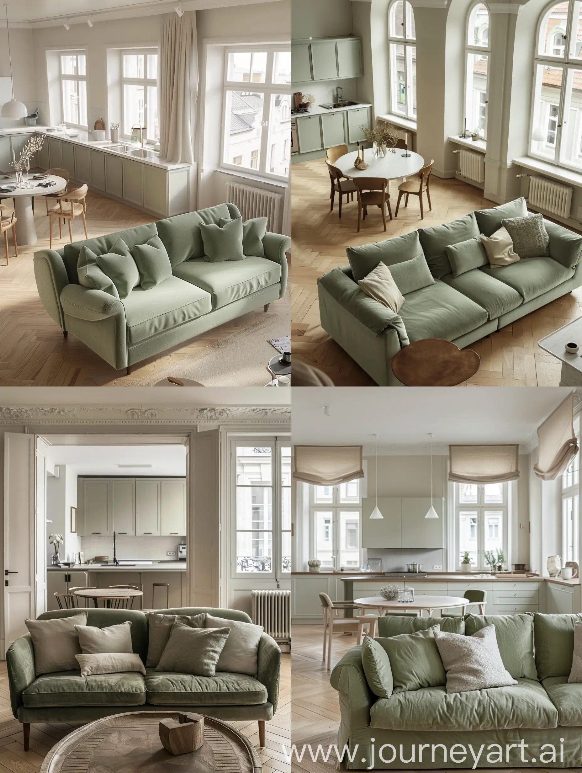 Sage-Green-Sofa-Living-Room-with-Open-Kitchen-and-Herringbone-Floor