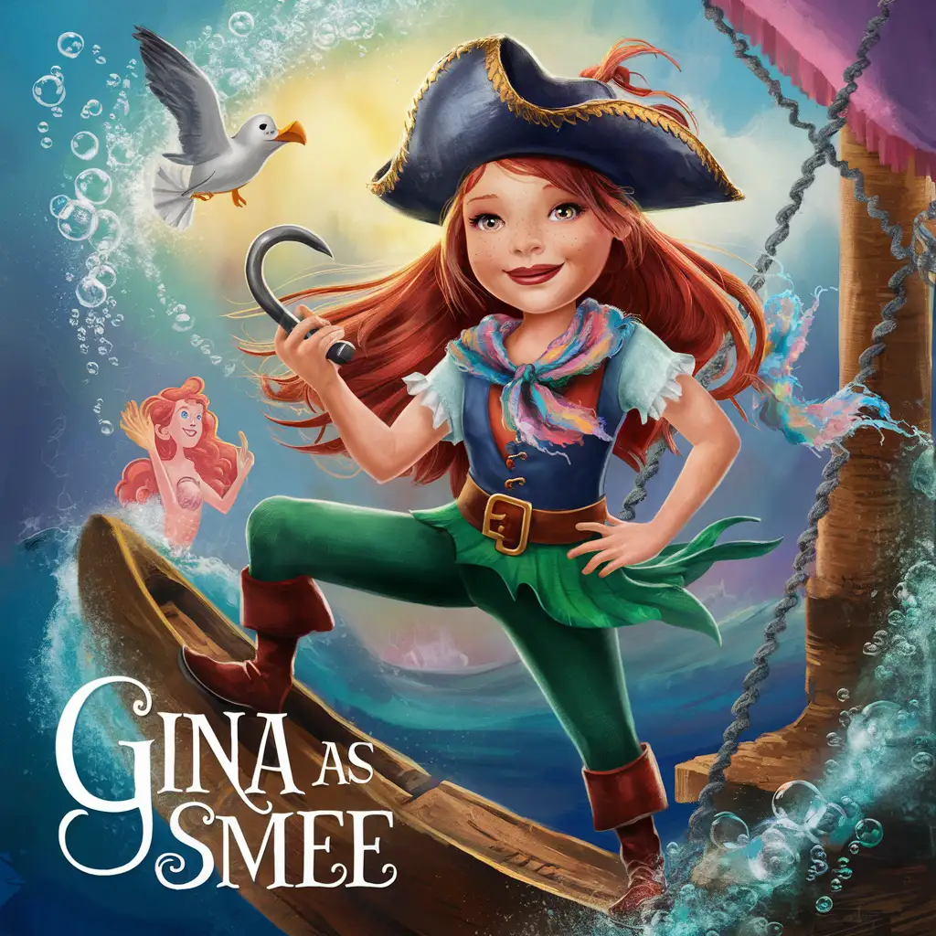 A vibrant and colorful pirate girl with long red hair in the style of peter pan's smee character with a scarf type pirate hat include the title "Gina as Smee" under the image