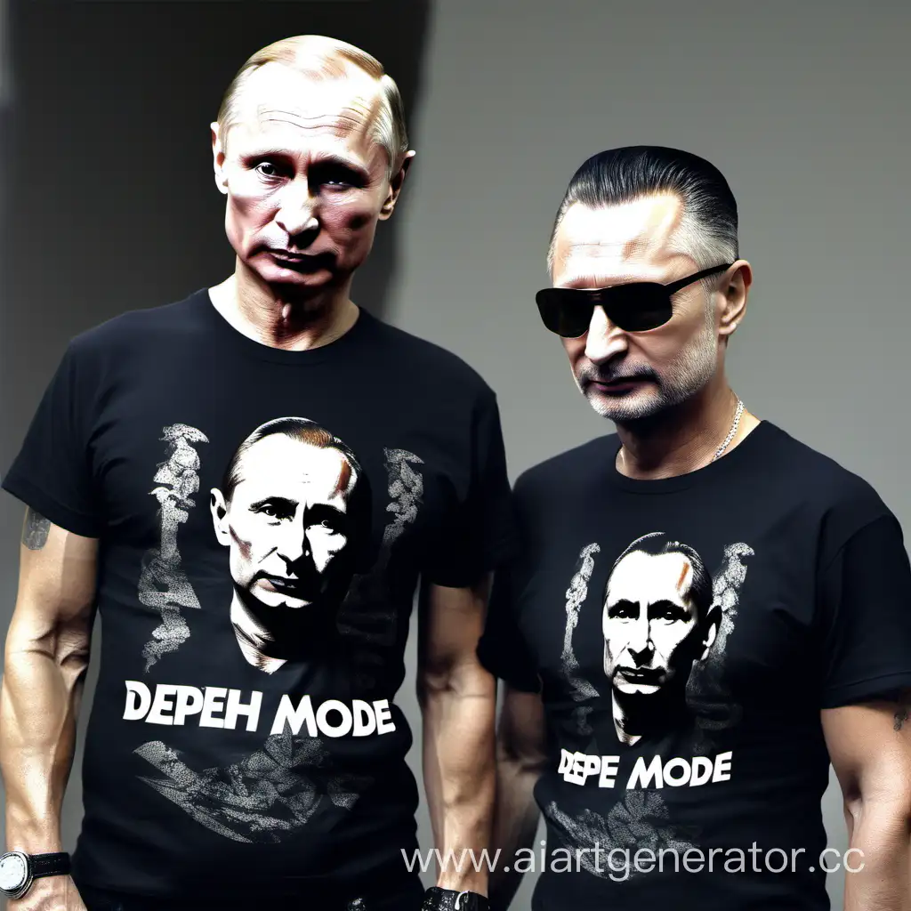 Vladimir Putin with Dave Gahan style haircut wearing depeche mode t-shirt
