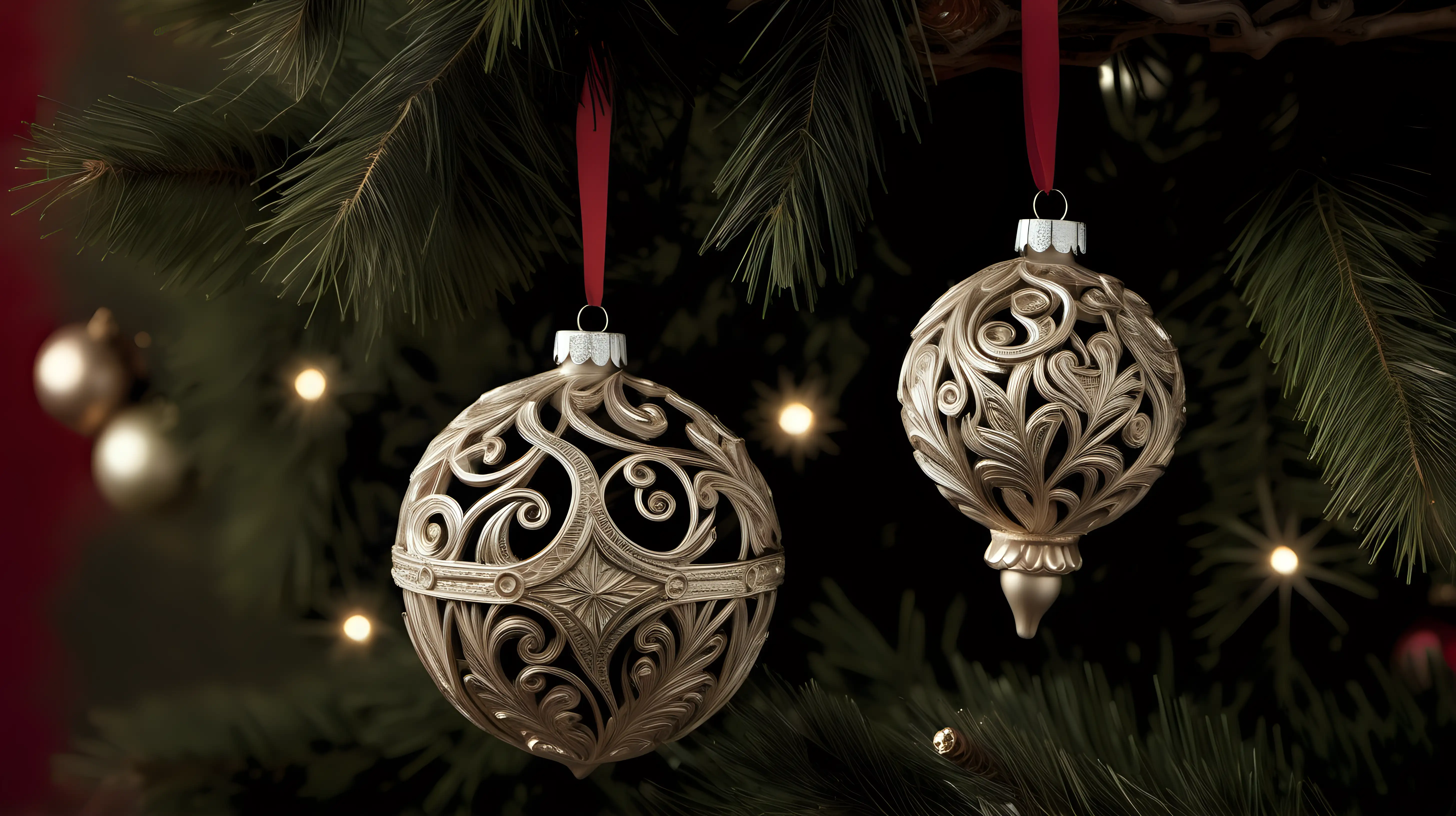 "Zoom in on the intricate designs of handcrafted ornaments hanging from the branches of a Christmas tree, each one a cherished memory."