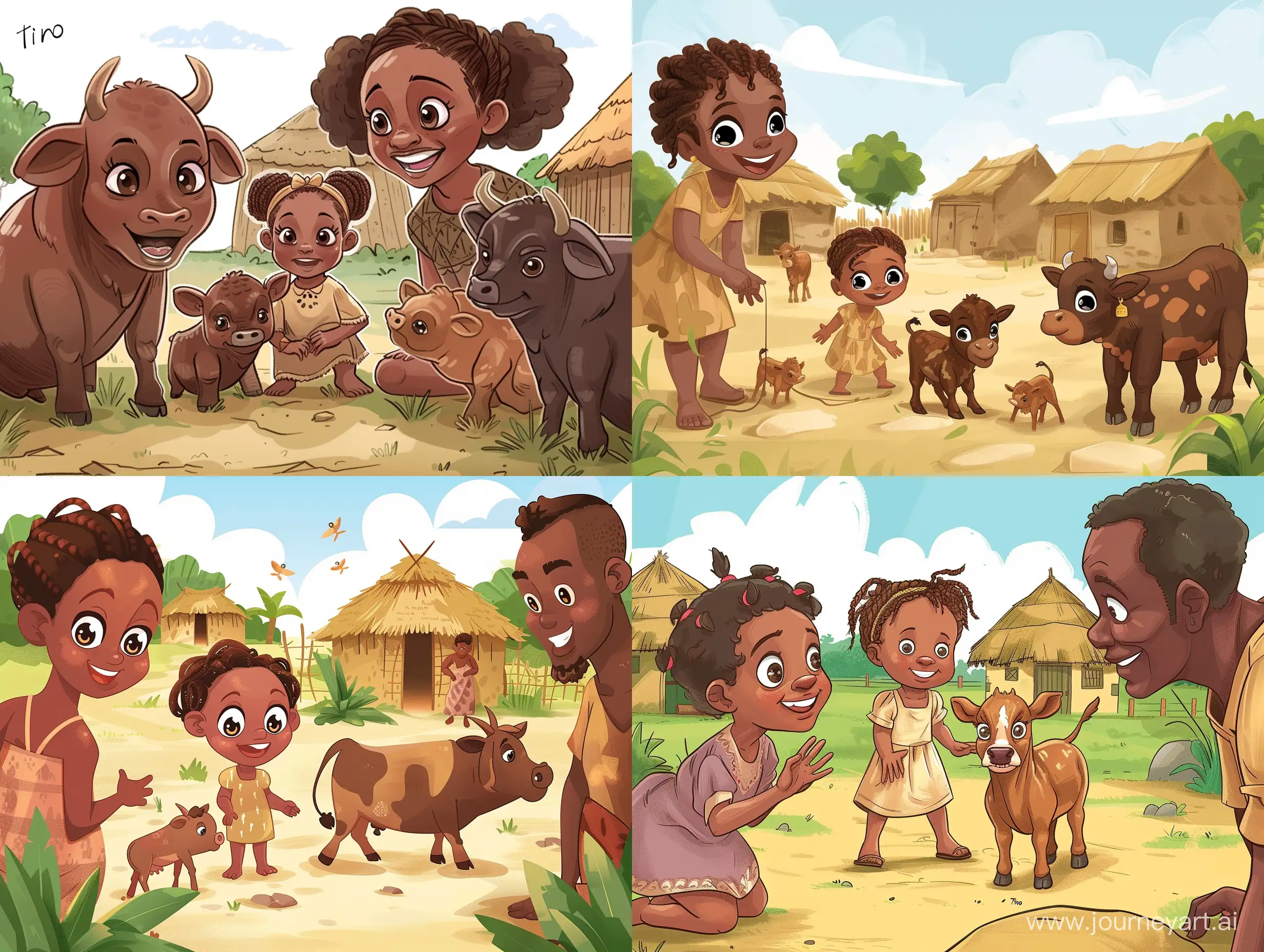 An illustration of tino an African 2 year old girl with expressive big eyes playing in the compound with her 2 cows which are kitufu and Bambi - the cows are brown in colour. The surrounding have 2 huts and Tino's mother Tekat beautiful woman with braids and a village dress and father Tepo handsome African man whose mixed race with expressive big eyes. All should be express as cartoon aime characters
