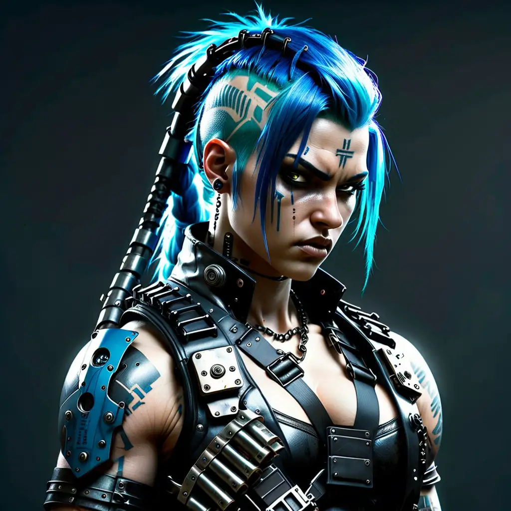 An androgynous, manly very muscular, chubby angry cyberpunk mercenary with one robotic arm, the body is masculine but the face is feminine, their body is thick, they have blue hair and a long braid, their body is masculine, they are wearing black body armor, he is wearing leather bandolier, his stomach is covered by metal armor