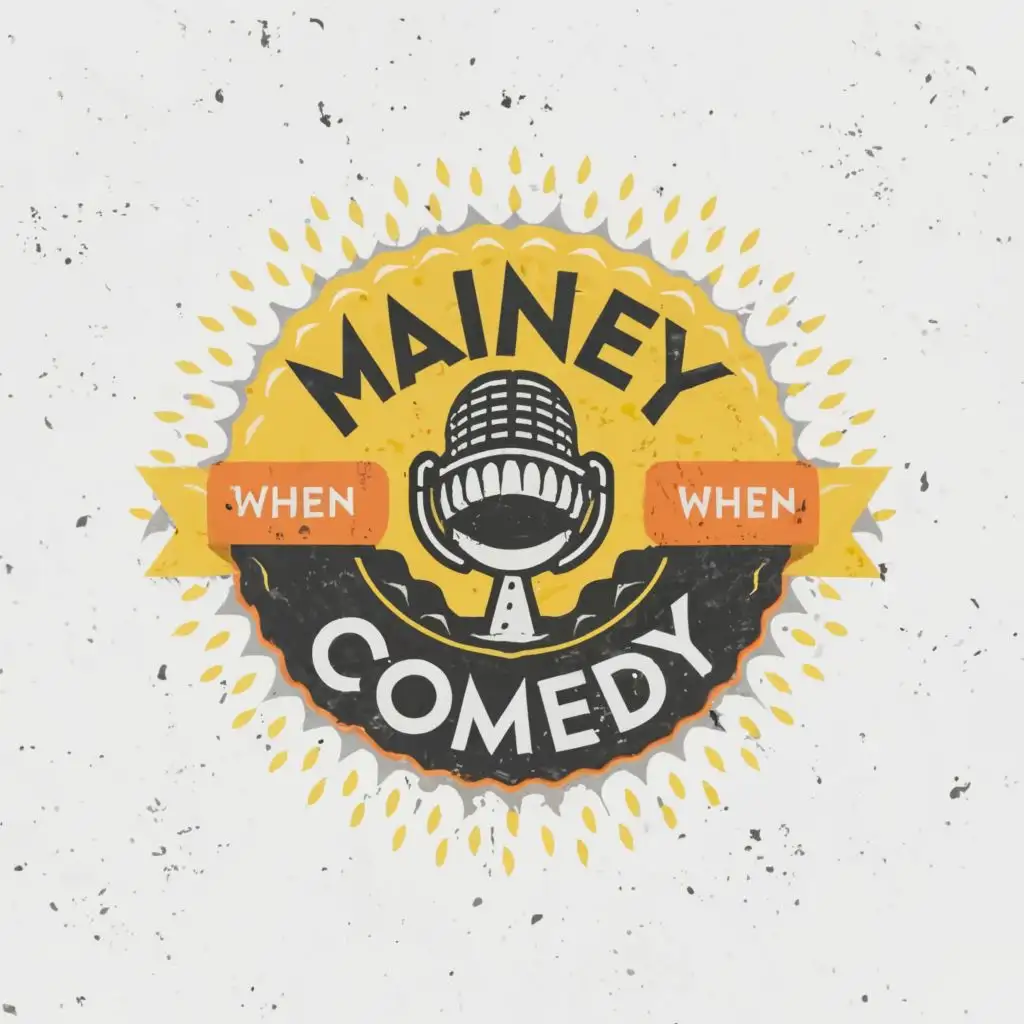 logo, MIC AND ROUNDED HAT WITH YELLOW ACCENTS, with the text "MAINEY Comedy", typography, be used in Nonprofit industry and dont show "when established"