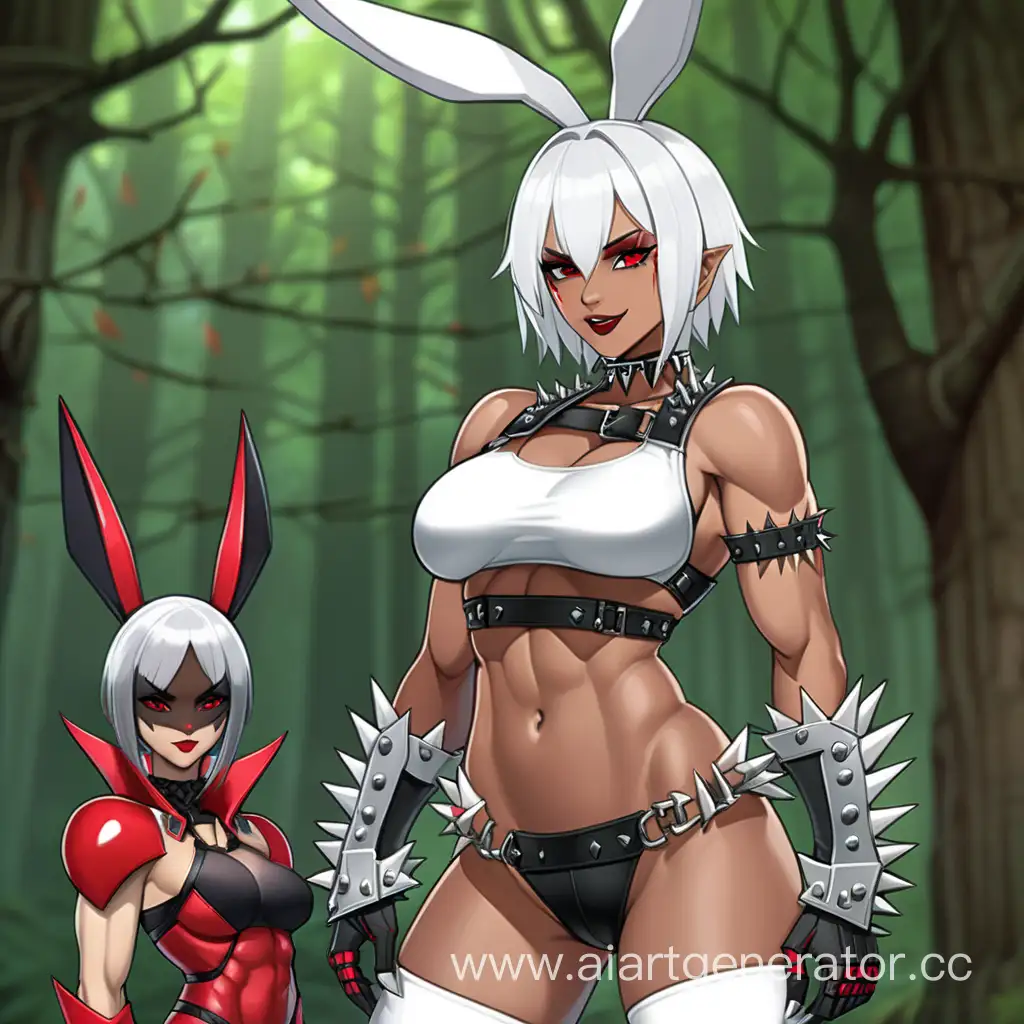 Forest, 1 Women, Women, Human, White hair, Long Rabit Ears, Short hair, Spiky style, Dark Brown Skin, White Body Suit, Black Body Armor, Spiky Chocer, Spicky Bracelets, Scarlet Red Liptsick, Serious smile, Big Breasts, Scarlet Red eyes, Sharp Eyes, muscular arms, muscular legs, well-toned body, muscular body, Chains,