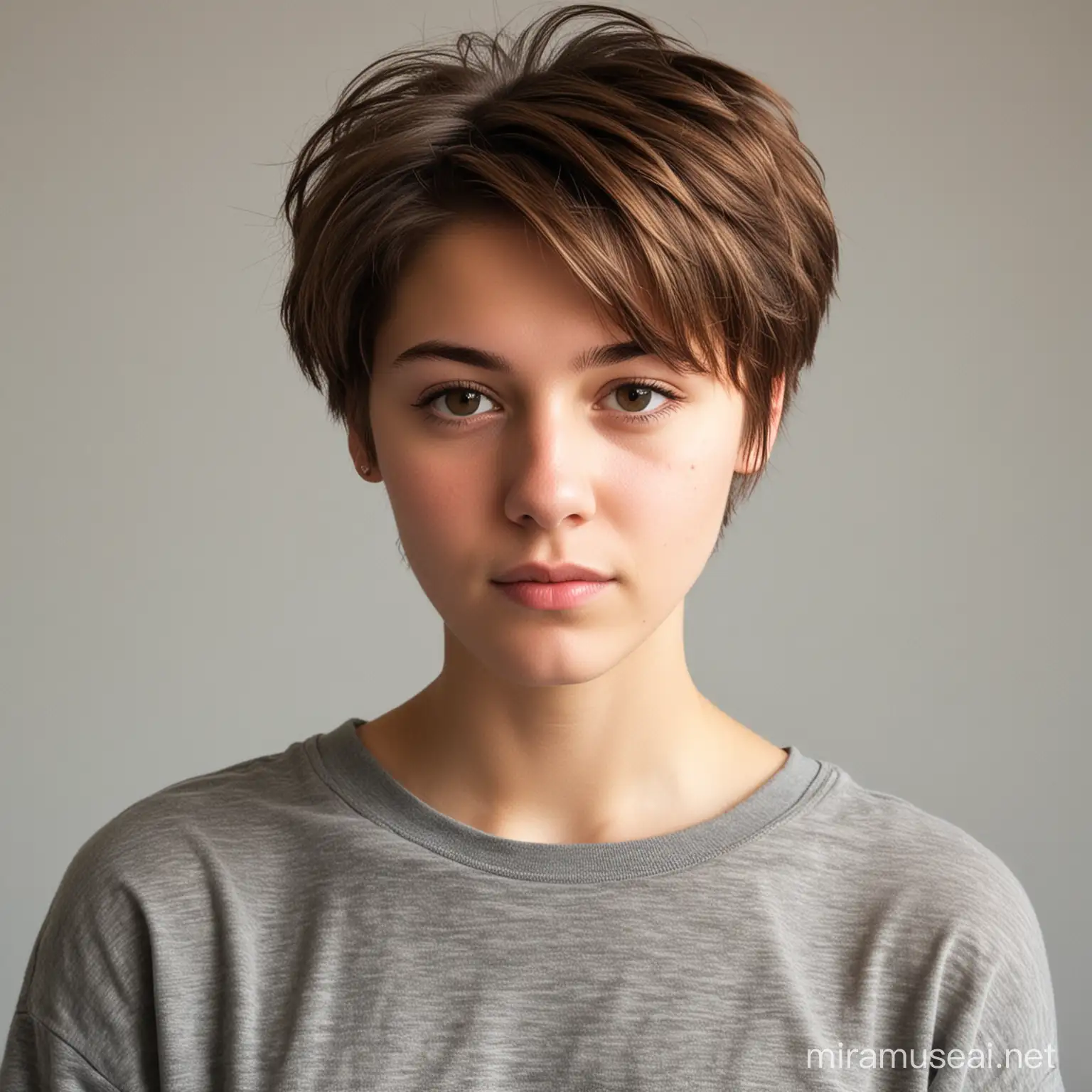 A young lady. She was 18 years old. She's a tomboy. She has brown hair. Her haircut is short saggy-cut
