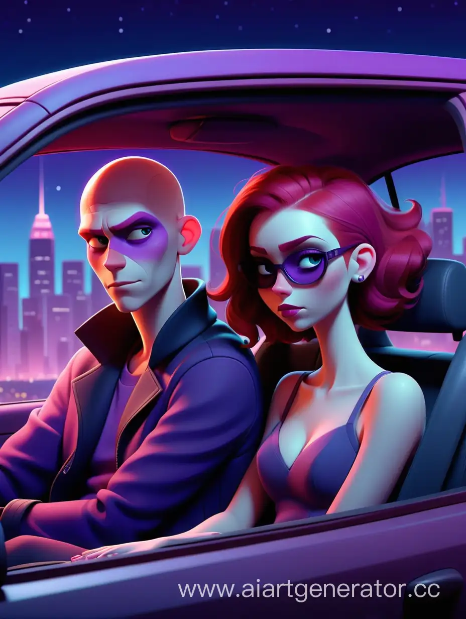Девушка и парень сидят на машине. Парень лысый. Девушка с рыжим волосами. Видны их силуэты. Они сидят на машине и смотрят на город с холма. Все в фиолетовых, синих и розовых цветах. Ночь