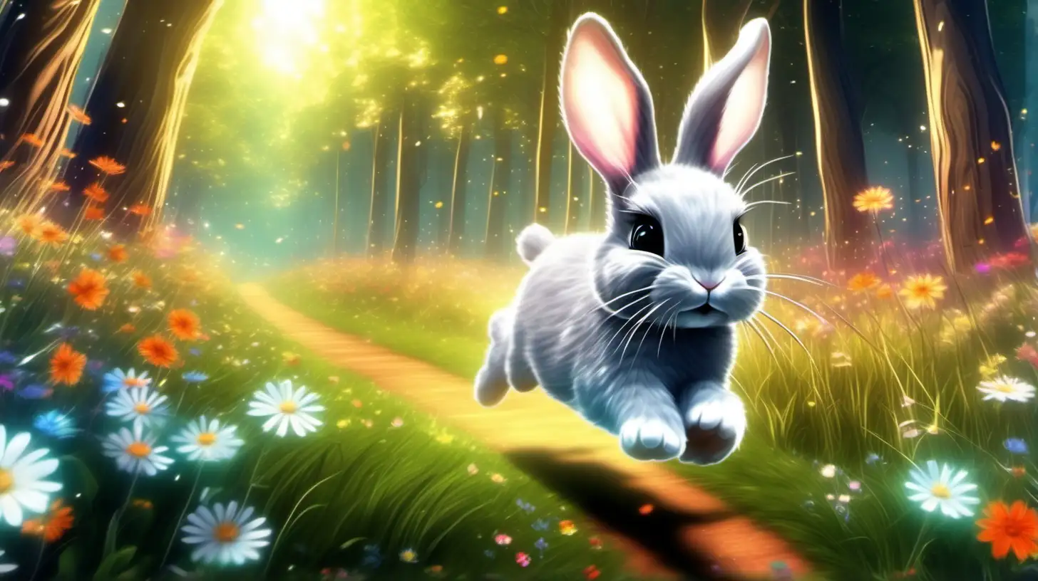 In beautiful cartoon style, an image of  a cute little gray and white bunny running quickly and leaving a trail of magical dust in an enchanting forest with a meadow with flowers and and a lot of warm sunlight with vivid colors and lively details, ultra hd, cartoon anime, vivid colors, highly detailed, perfect composition, beautiful detailed intricate insanely detailed perfect ligh