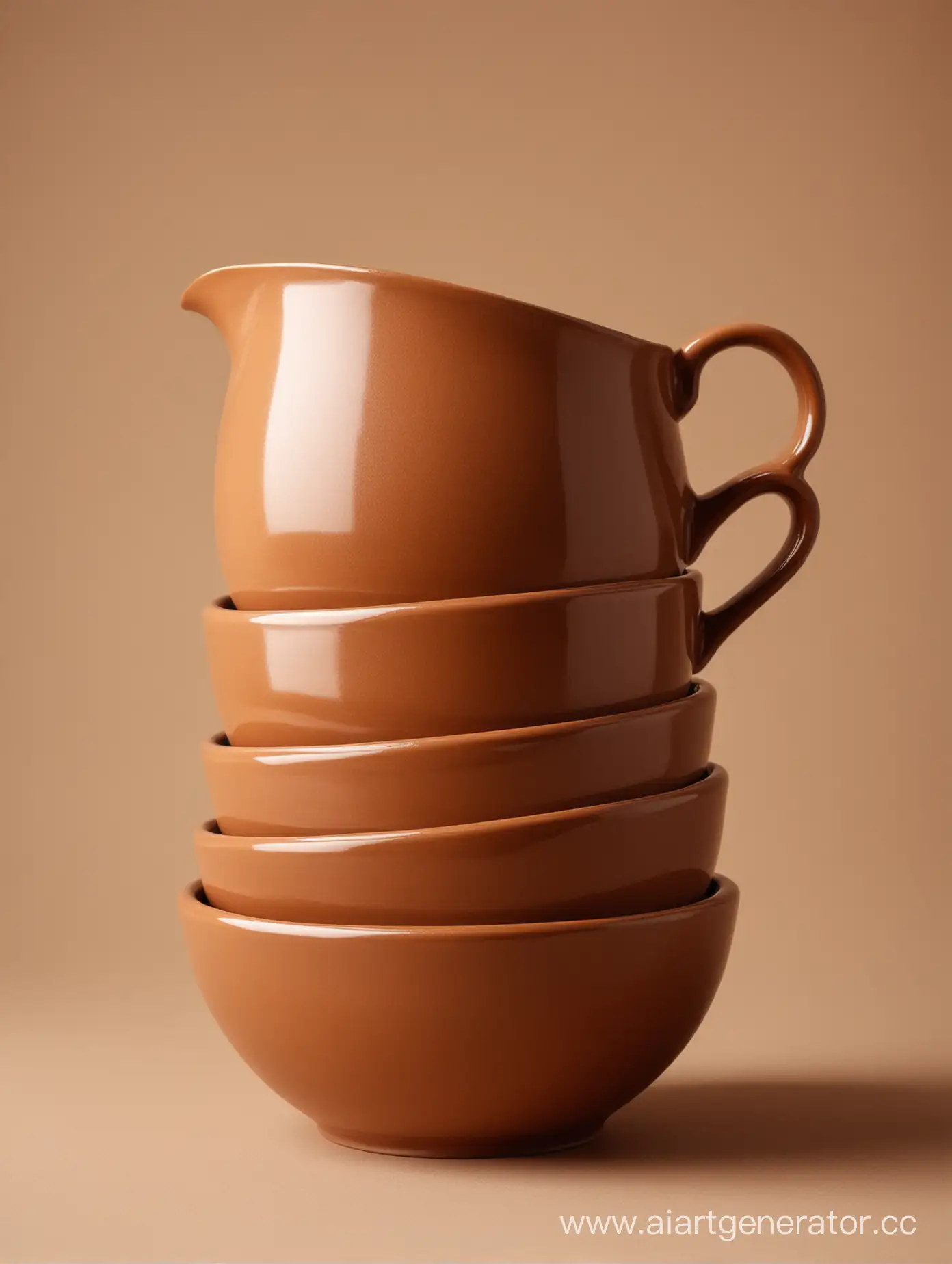 керамическая посуда, коричневого цвета, минимализм, на бежевом фоне