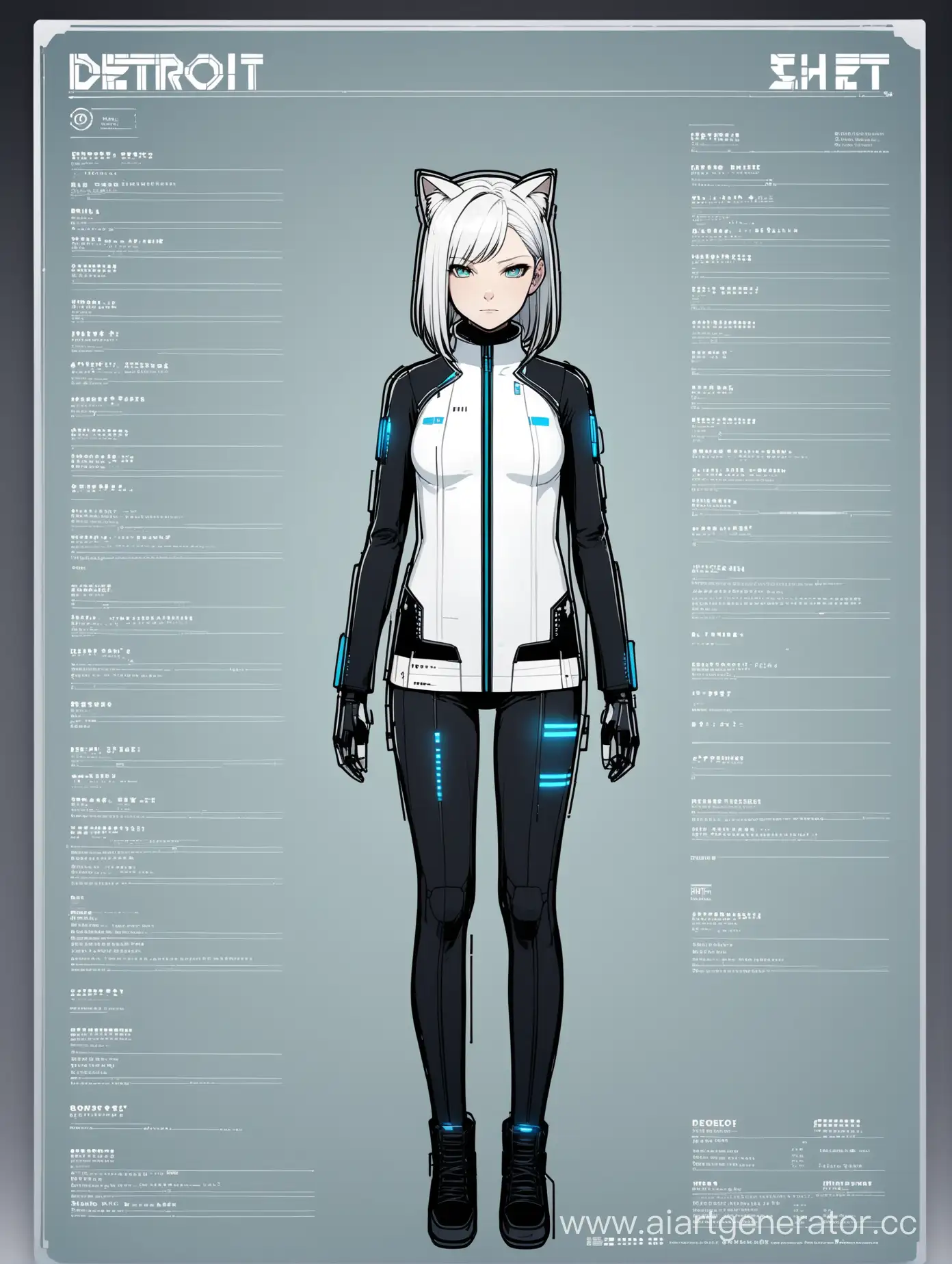 full-length character sheet, android from "Detroit: Become Human" cat-girl with white hair