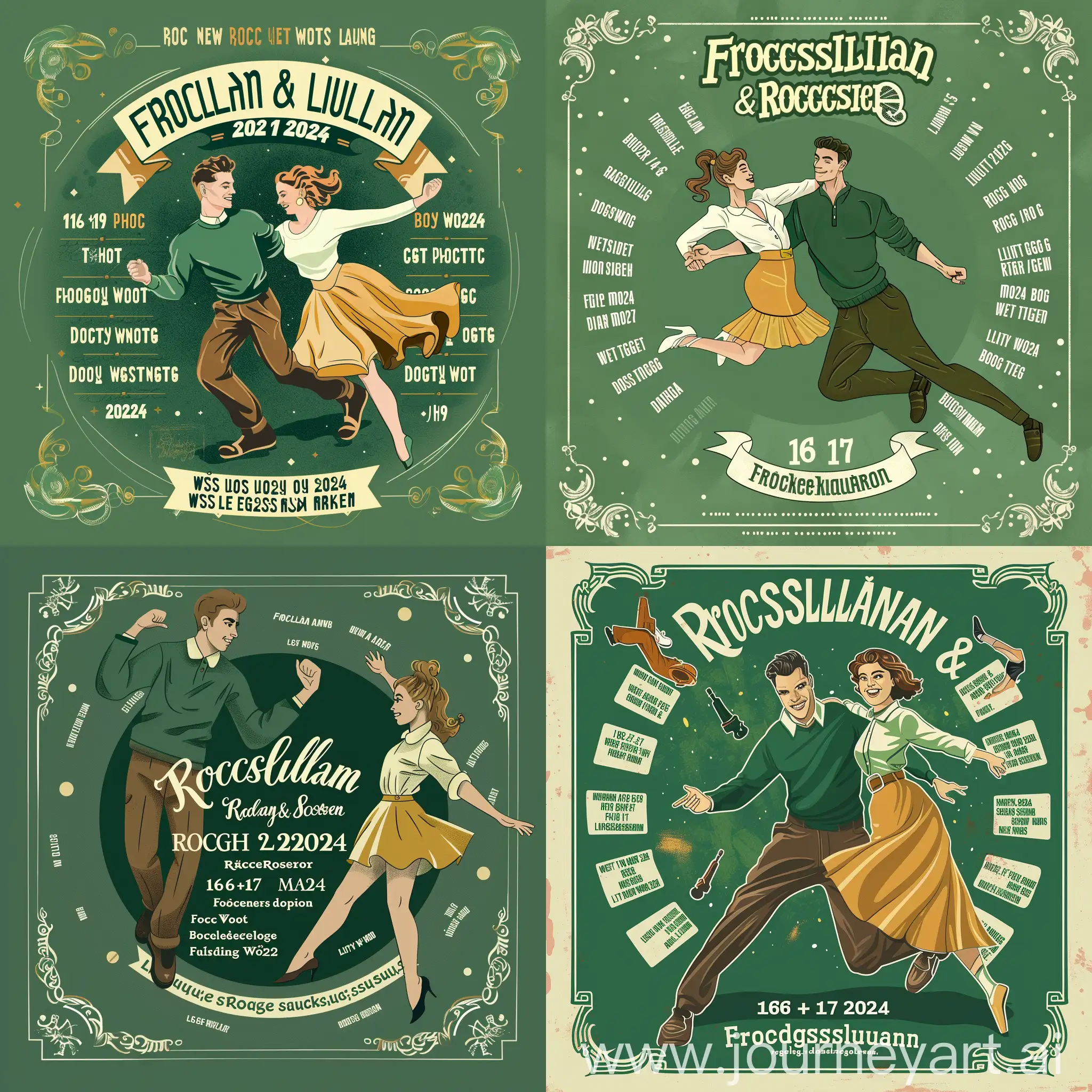 Create an illustration for a dance event poster with a vintage style and a green color scheme. At the center, include the updated event title 'Rockslulan & Rockslulesnurren' in a decorative, retro font similar to 1950s signage. Below it, place the new dates '16-17 MARS 2024' prominently. The event location, 'Fröding Arena', should be included just below the title. Feature an energetic, stylized illustration of a dance couple - the man in a dark green sweater and brown trousers, the woman in a bright yellow skirt and a white blouse - captured in a dynamic dance pose suggestive of movement and joy. Surrounding the central elements, add text listing various dance styles: Bugg, Lindy Hop, Boogie Woogie, Rock n' Roll, and West Coast Swing, arranged in a circular fashion around the perimeter of the design. The artwork should evoke the feel of a classic dance competition poster with a contemporary twist for the 2024 event.