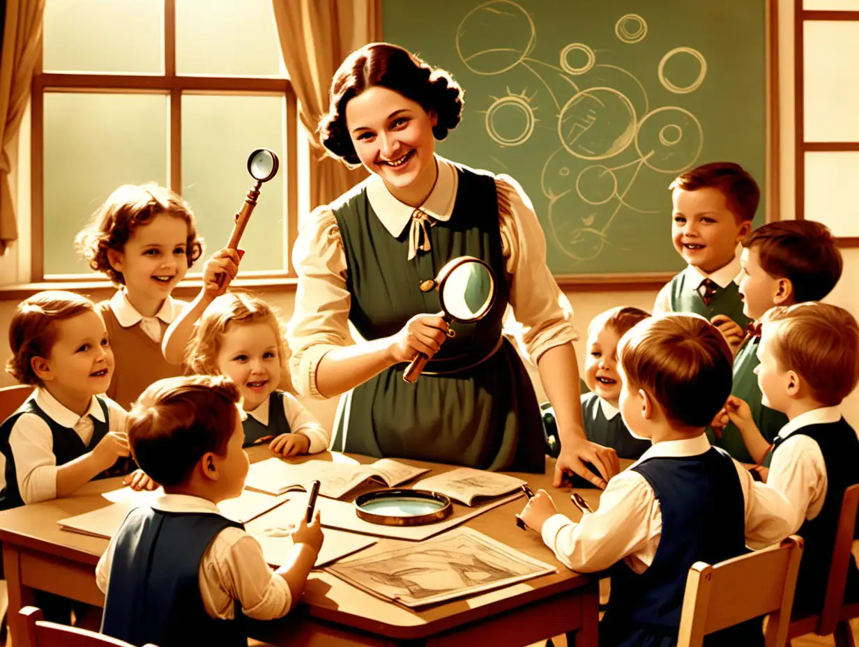 Here is the illustration, depicting an early 20th-century kindergarten classroom. It shows a warm and smiling teacher with a magnifying glass, surrounded by young children engaged in various playful and educational activities, creating an atmosphere of exploration and creativity.