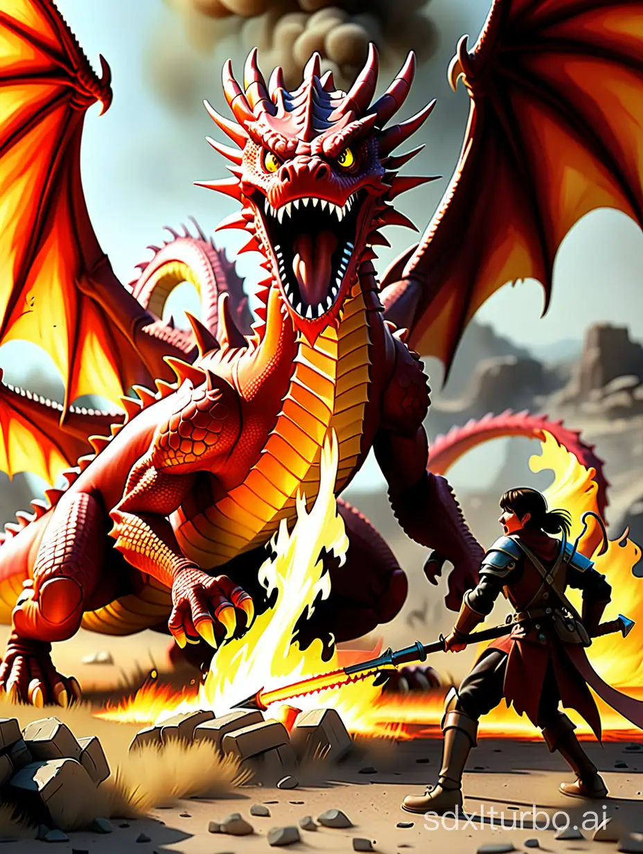 Riter Hanibalt fights against a spewing fire dragon on a battlefield