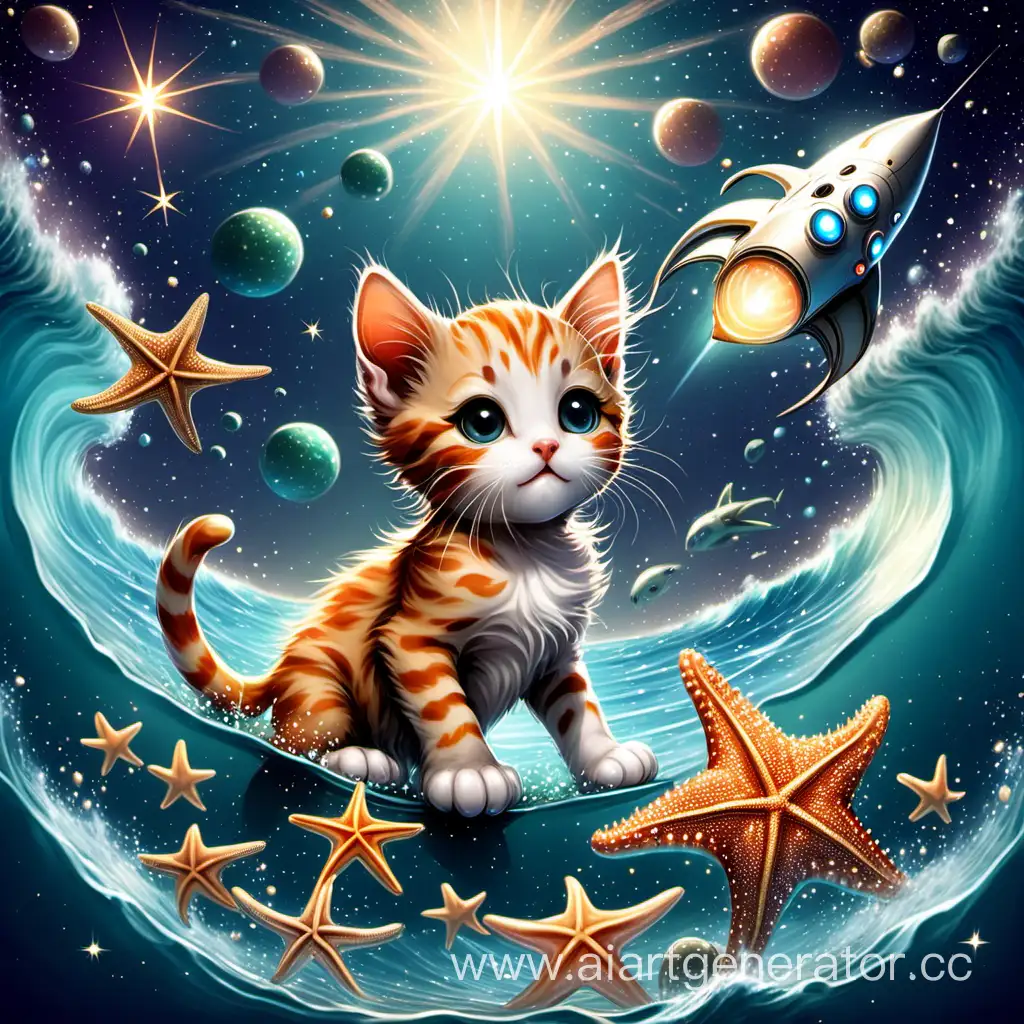 Kitten in the ocean with starship,starfish,stars and light