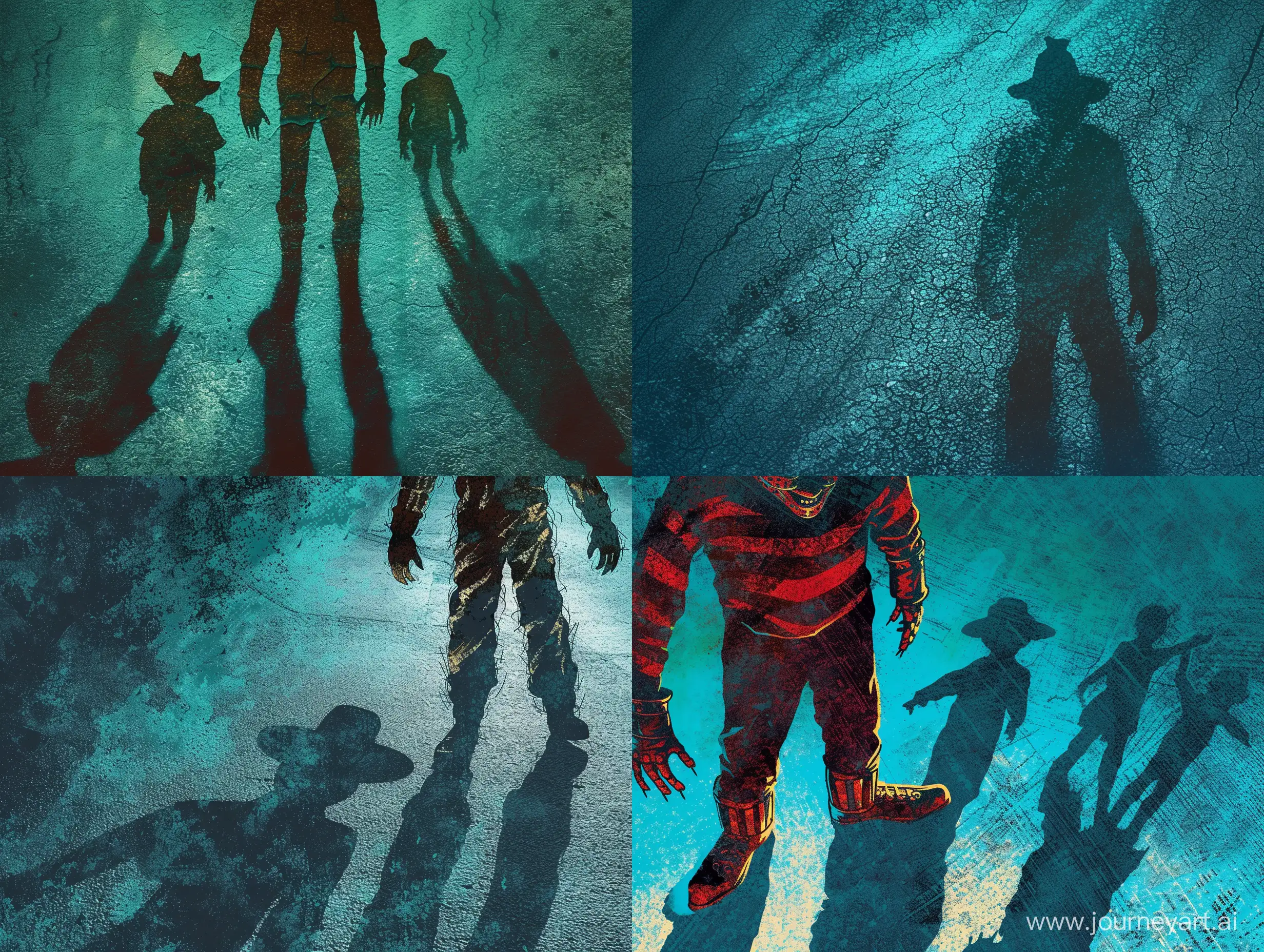 Mystical-Horror-Film-Poster-Shadow-of-Freddy-Krueger-and-Children-in-TurquoiseBlue-Moonlight