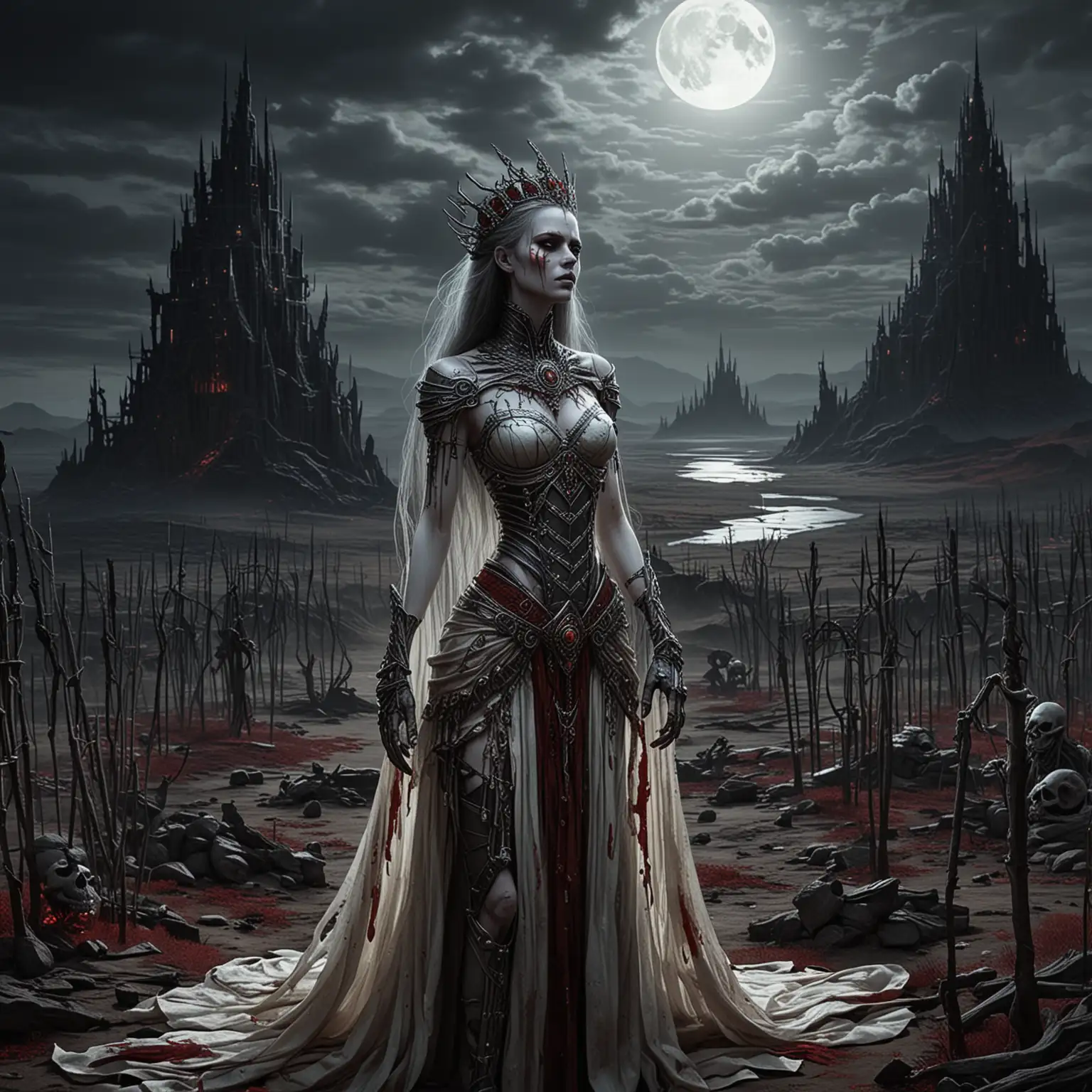 Empress Sanguina stands atop a dais of bone and sinew, her pale skin luminous in the moonlight as she surveys the twisted landscape spread out before her. Skeletal minions stand at attention, their empty eye sockets fixed upon their mistress with unwavering loyalty, while rivers of blood flow like crimson ribbons through the desolate wasteland, staining the earth with the mark of her dark dominion.
