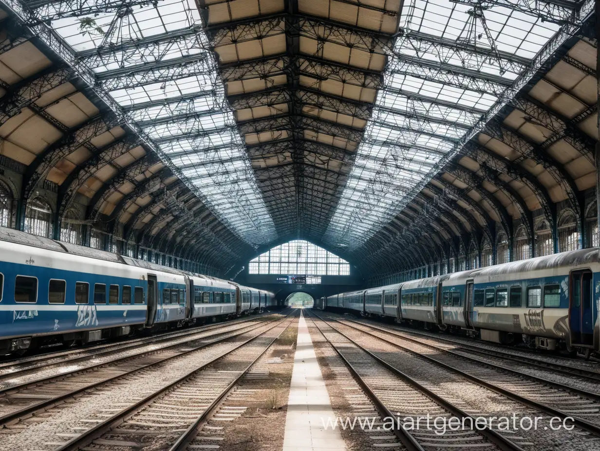 a dystopian, derilict, suburban trainstation near munich, a broke down train in the midground