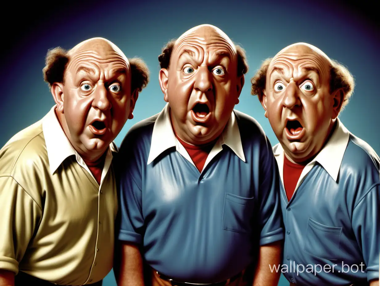 The 3 stooges, Moe, Larry and Curly, solid color background, realistic facial features, full body