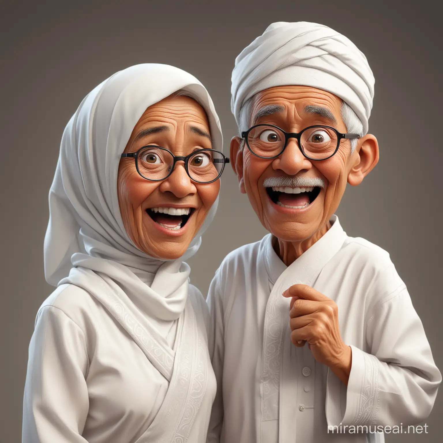 A cartoon caricature of A Couple Indonesian Age 70's, wearing white moslem cloth and making funny faces in the style of Pixar.


