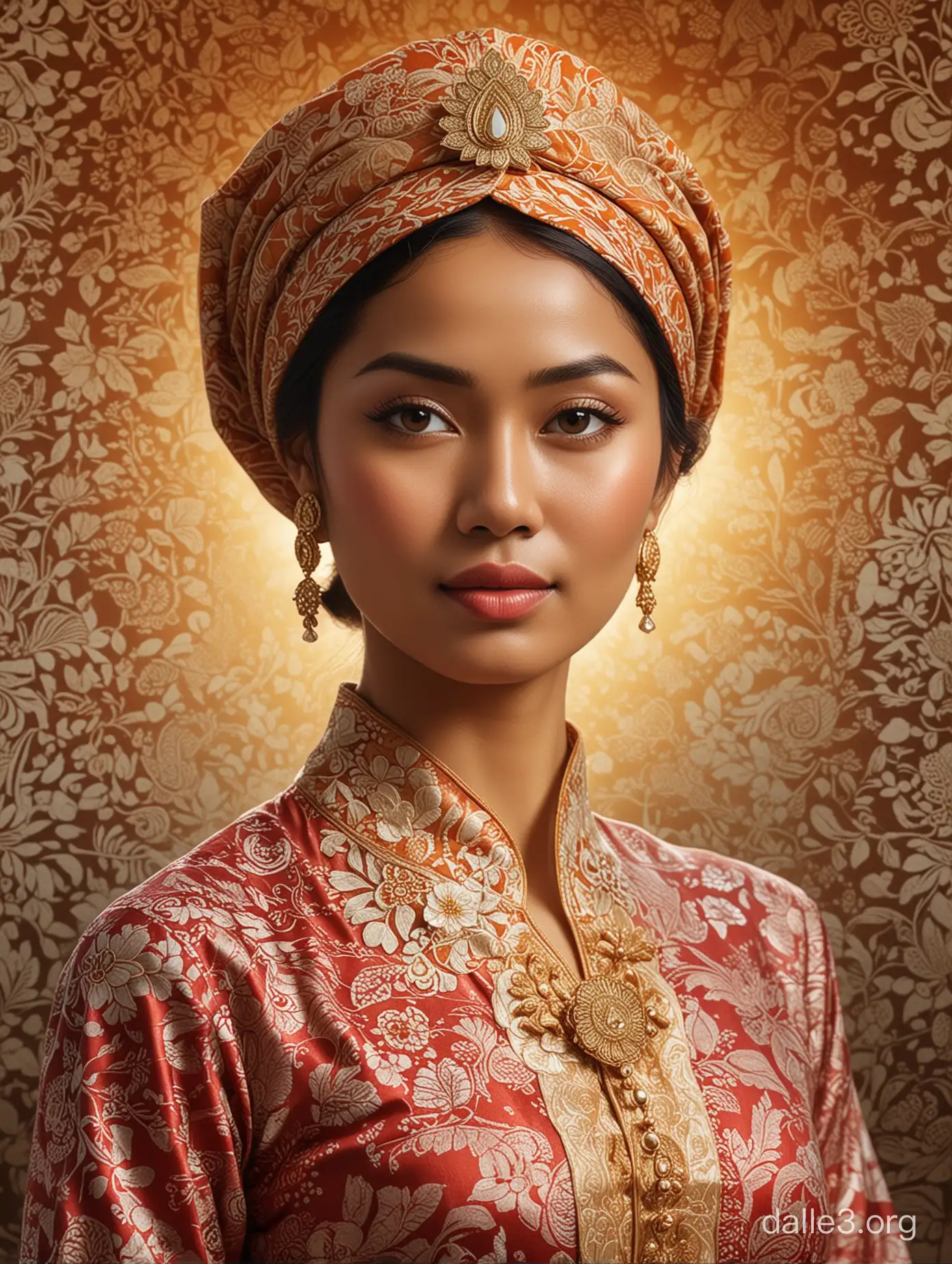 A strong woman adorned in a traditional Indonesian kebaya, standing proudly amidst the morning sunlight. Her serene face and sparkling eyes showcase strength and intelligence, embodying Kartini's spirit in advocating for women's rights. Surrounding her, the richly colored and detailed batik motifs symbolize Indonesia's cultural wealth. This image is designed to inspire and empower anyone who sees it, reminding them of Kartini's courage and dedication to creating change.