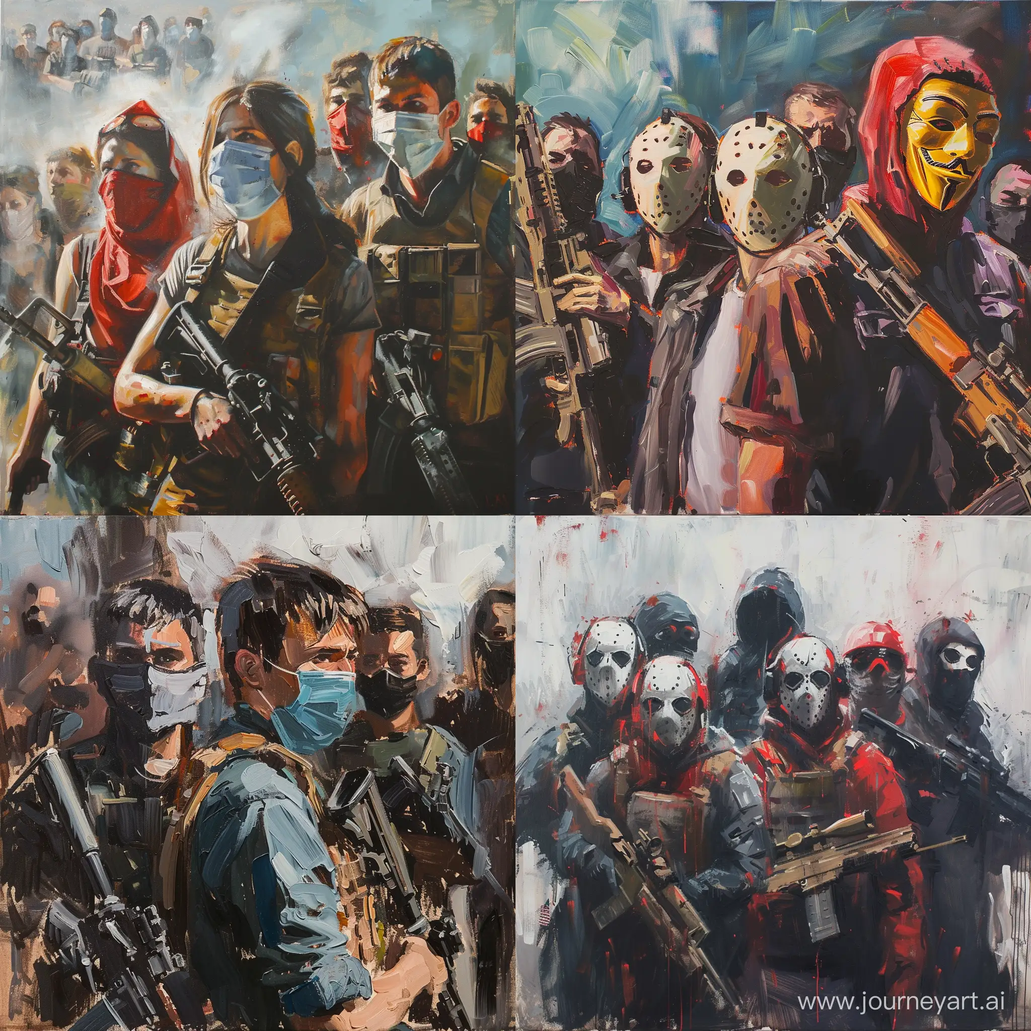 terrorist attack, masks, people, modern weapon, modern military equipment, oil painting