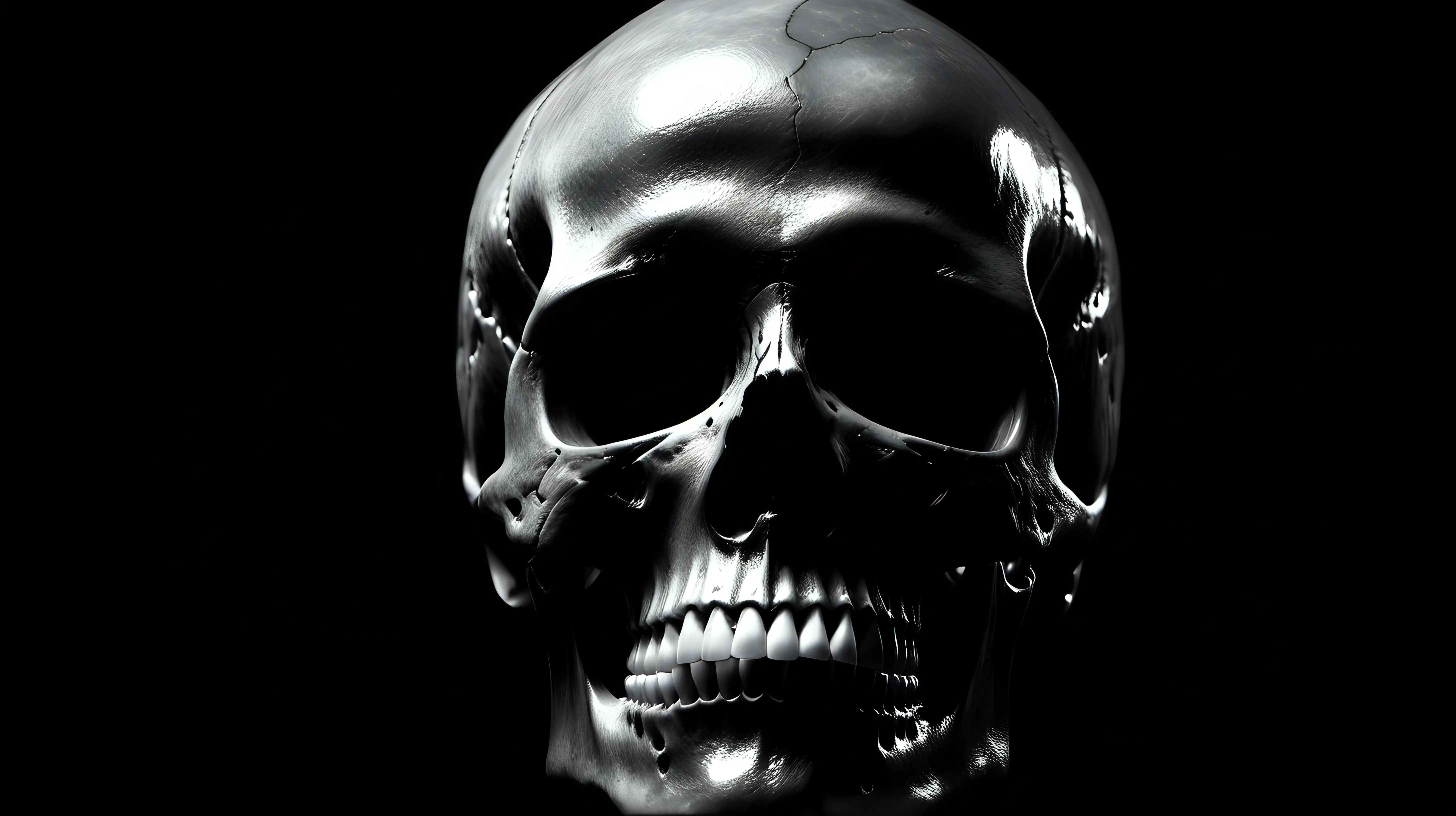 A striking visual of a human skull emerging from the blackness, evoking a sense of mortality and contemplation.